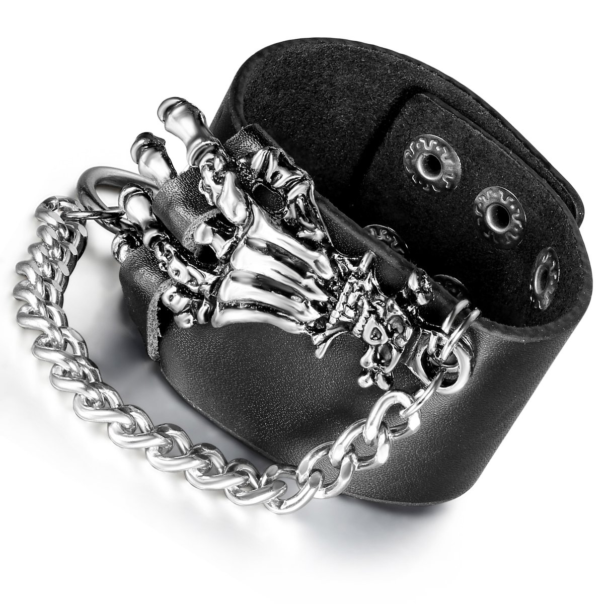 Rofusn Punk Skull Leather Cuff Bracelet for Men Women Goth Black Biker Wide Strap Adjustable Bangle Wristband for