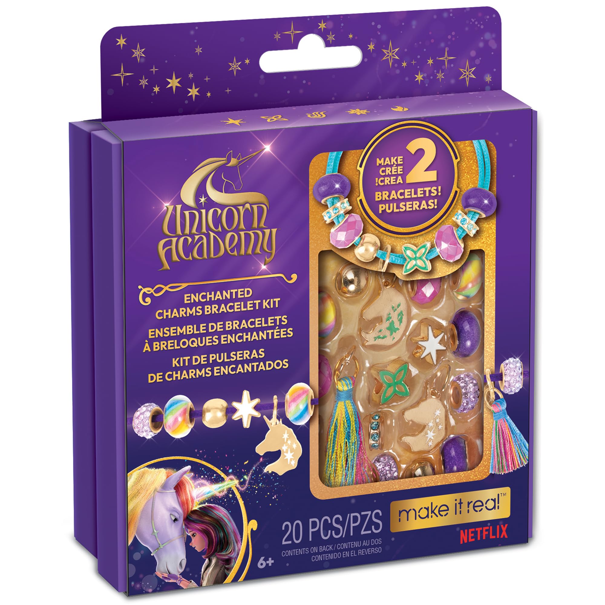 Make It Real: Unicorn Academy: Enchanted Charms Bracelet Kit - 20pc DIY Jewelry Craft, Make 2 Charm & Bead Bracelets, Netflix Series, Girls & Kids 8+