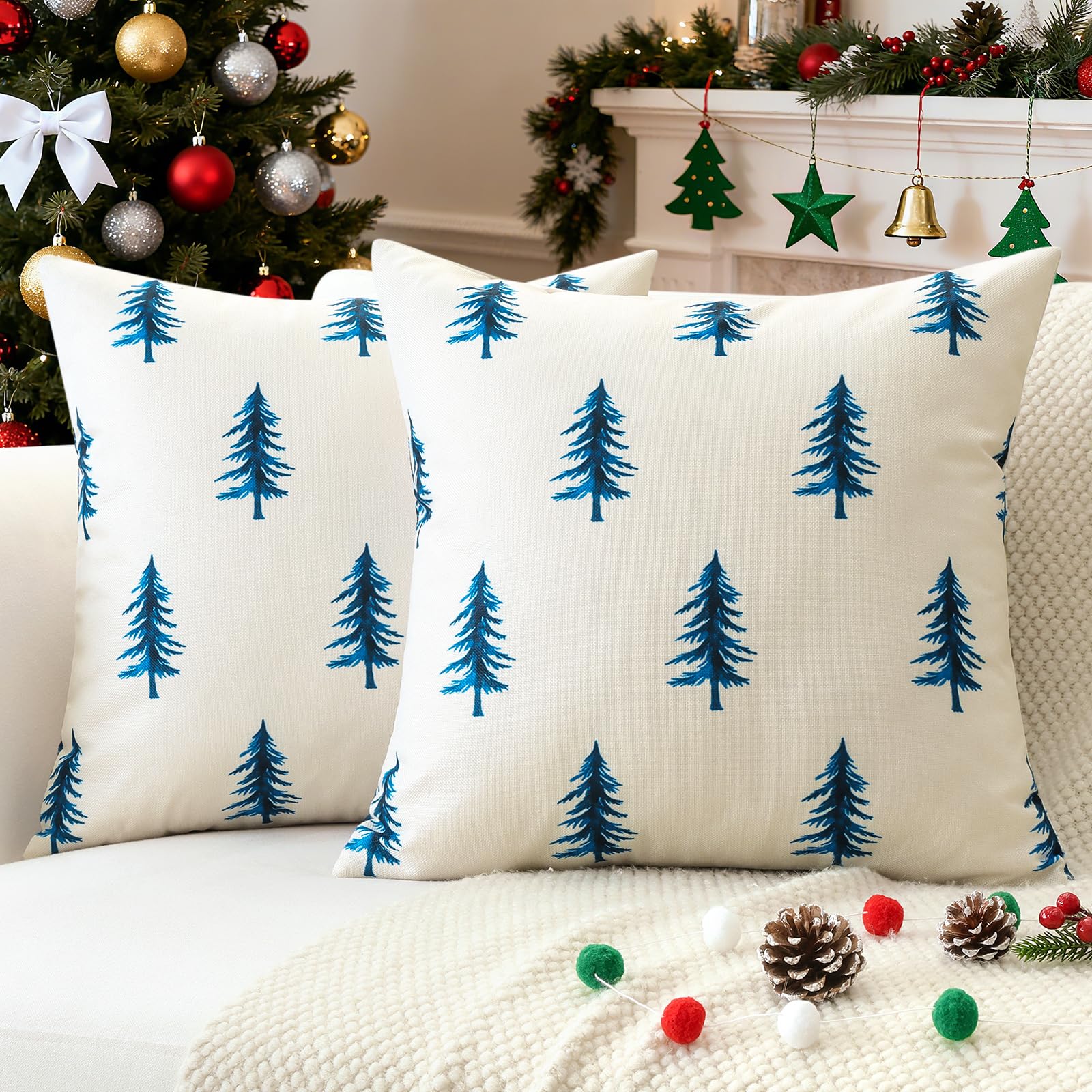 JOTOM Christmas Cushion Covers 45x45 cm Set of 2 Christmas Tree Decorative Double Sided Printed Throw Pillow Covers 18x18 Inch Sofa Winter Holiday Cushion Cases for Home Couch Decor (Winter Blue Tree) — image 1