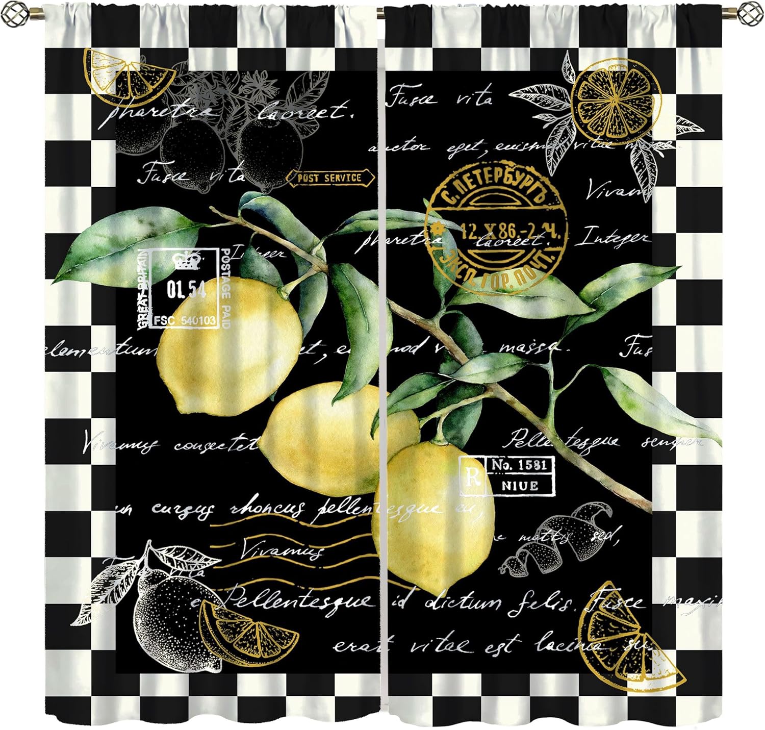 Lemon Fruit Blackout Curtains for Kitchen,Vintage Country Plaid Natural Fresh Lemon Flower Art Text Window Treatments for Dining Room Bedroom Living Room 63x63in