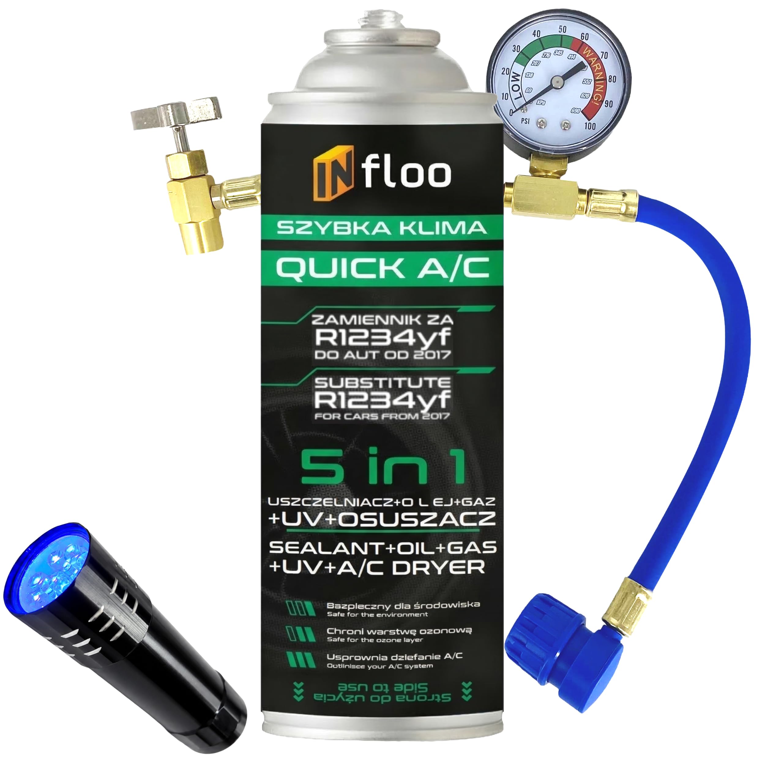 Quick A/C Sustituto de R1234yf 5 en 1 205 g | Gas + Aceite + Sellador + Tinte UV + Desecante | Kit Aire Acondicionado Coche con Manguera Manómetro LP, Linterna UV y Guantes