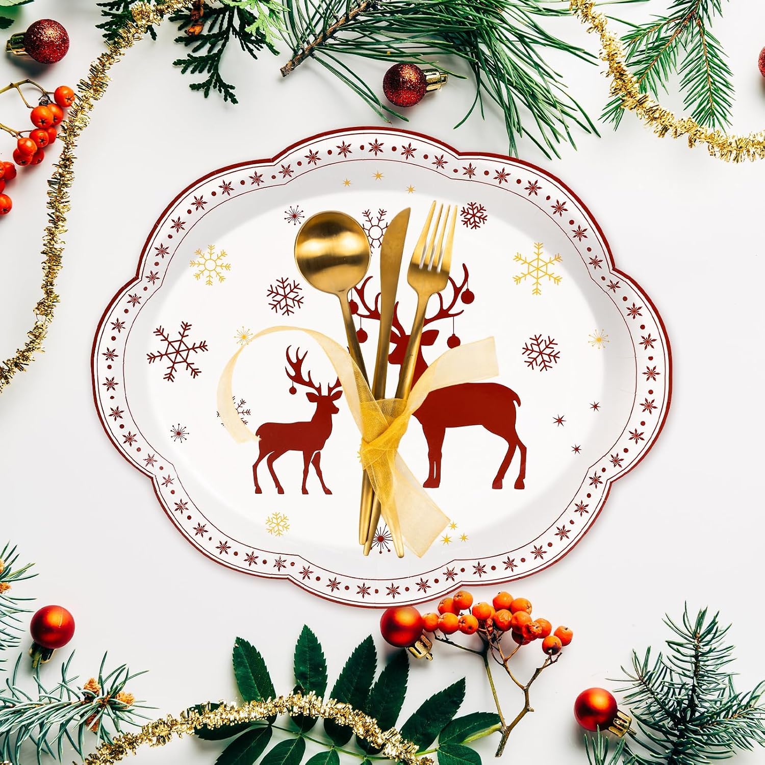 Fancy Land 24 Pcs Merry Christmas Oval Paper Plates 10 x 12 Inches Red Large Christmas Disposable Dinnerware Holiday Party Supplies Decor 2 Vintage Designs image 4