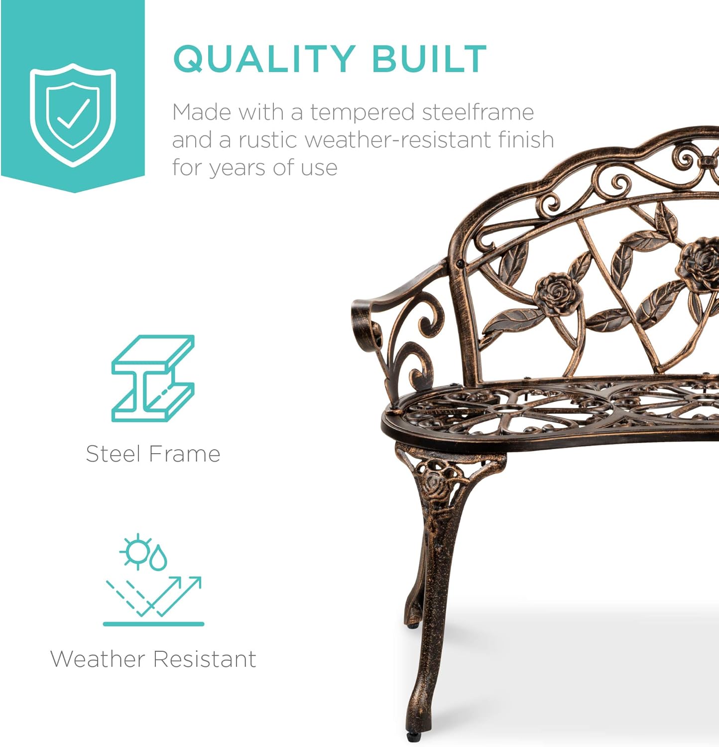 Best Choice Products Outdoor Bench Steel Garden Patio Porch Loveseat Furniture for Lawn, Park, Deck Seating w/Floral Rose Accent, Antique Finish - Bronze