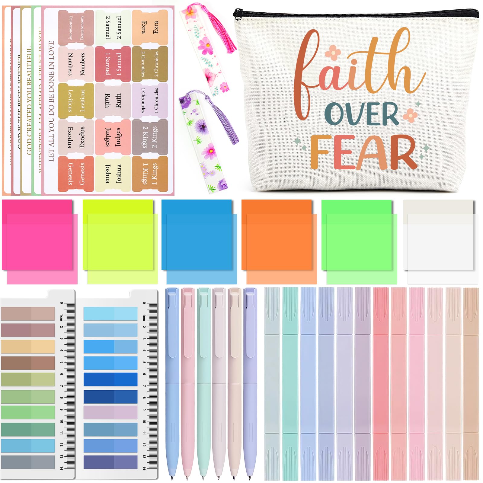 Bible Journaling Kit with Tabs - Faith Over Fear Bible Bag 104 Pcs Bible Study Supplies Set Book Annotation Kits Highlighter No Bleed Strip Gel Pens Bible Tabs Index Tabs Bookmarks for Student Teacher
