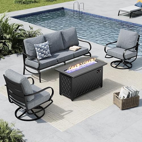 Miniatura 45 de MFSTUDIO Juegos de muebles de patio con mesa de fogata de gas de 45 pulgadas, 8 piezas de conversación de metal para exteriores con 1 sofá de 3