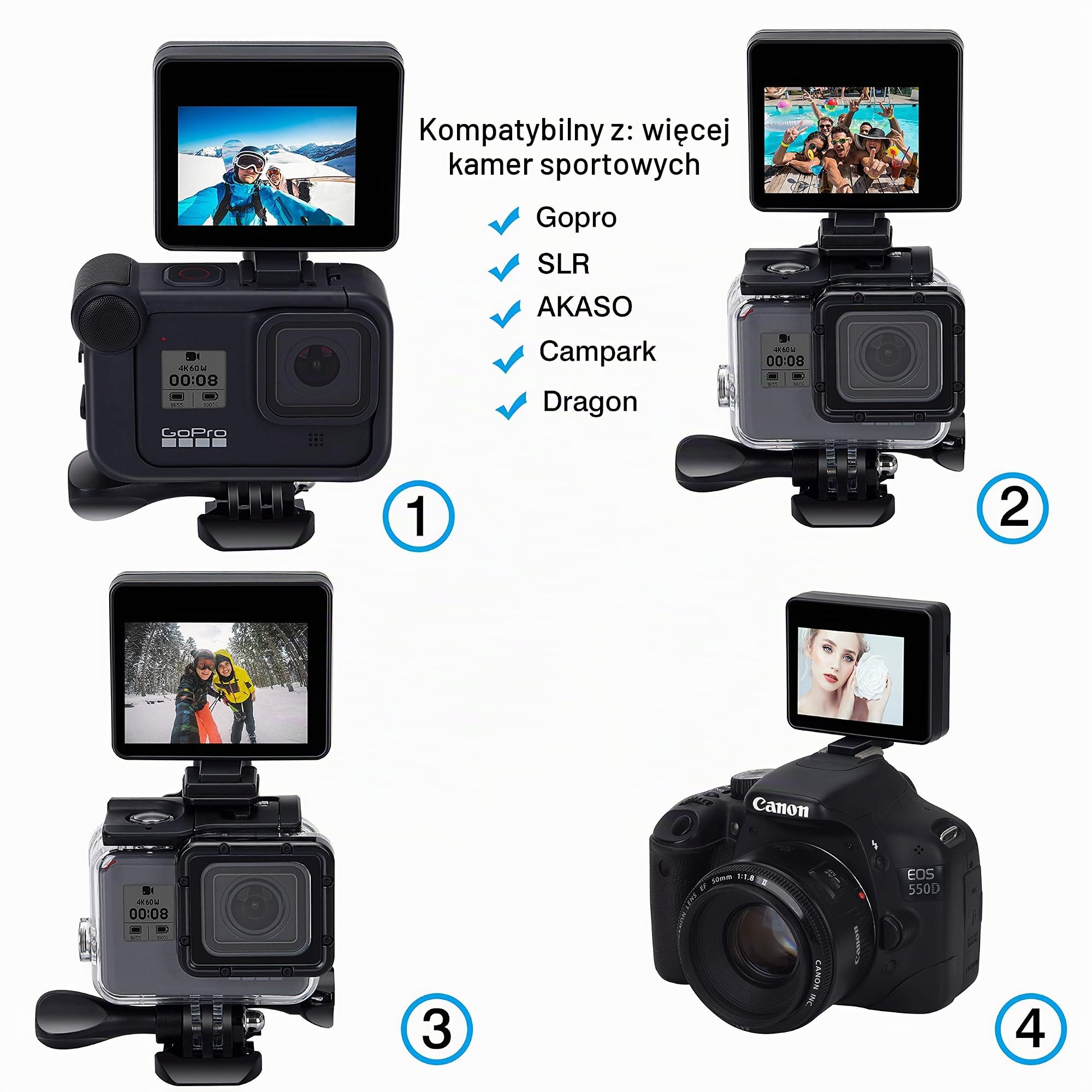 Suptig Ekran LCD do selfie LCD kompatybilny z Gopro Hero 9 Hero 8 Hero 7 Hero 6 Hero 5 Hero 4 3+ 3 AKASO Campark SLR Więcej Action Cam 2,0 cala IP 68 wodoszczelny
