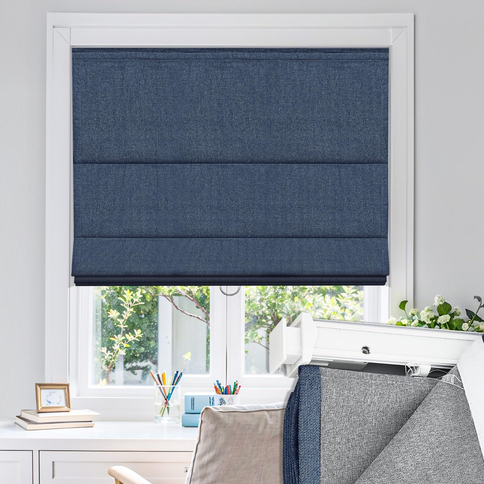 UrMoon No Drill No Tools Roman Shades for Windows, Cordless Fabric Roman Windows Blinds for Home, Easy to Install, Blackout Dark Blue, 29 1/4