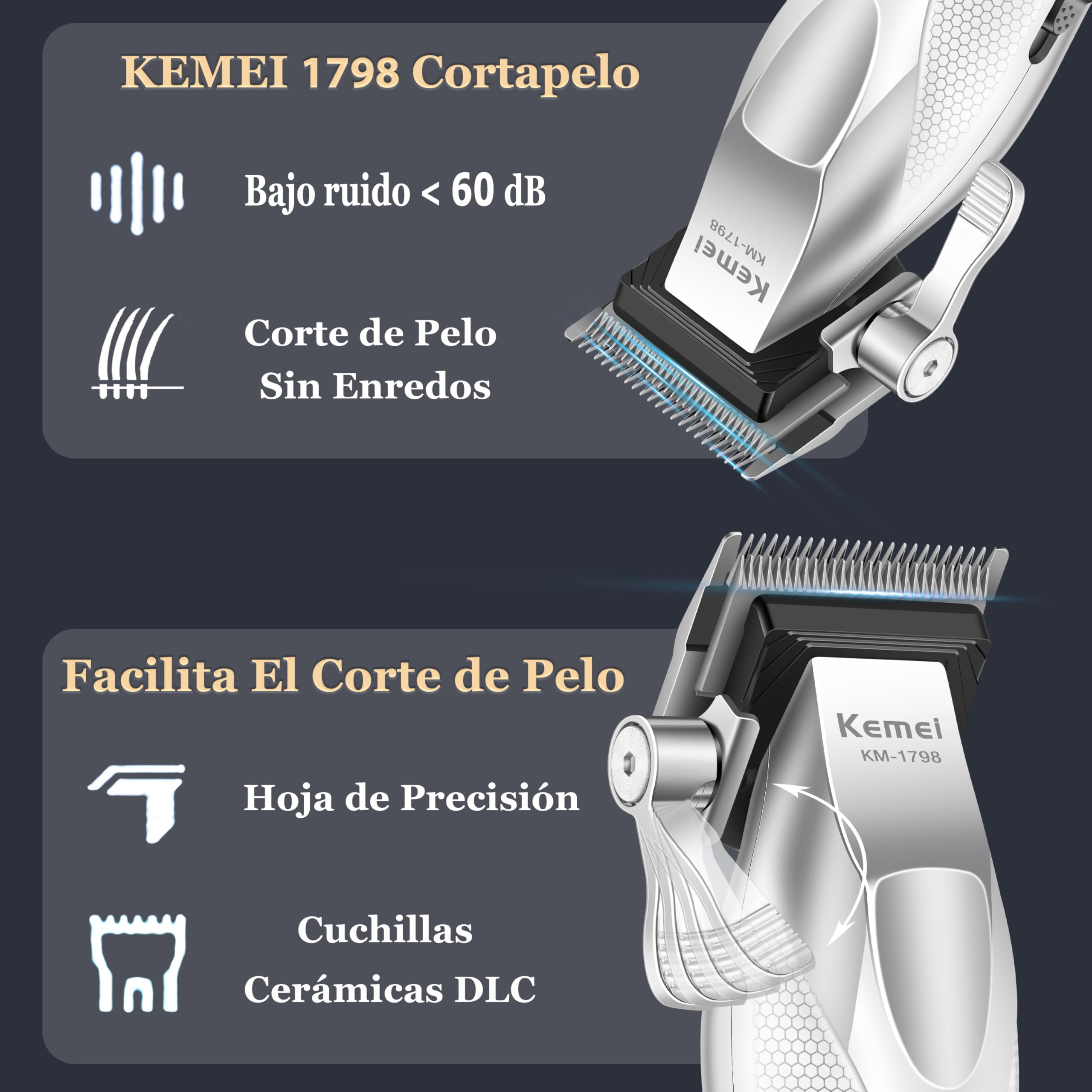 KEMEI Cortapelos profesional 1798 para hombre, cortapelos inalámbrico de 9100 RPM con cuerpo totalmente metálico, batería de 3000 mAh con pantalla LED, cuchillas de cerámica y DLC.