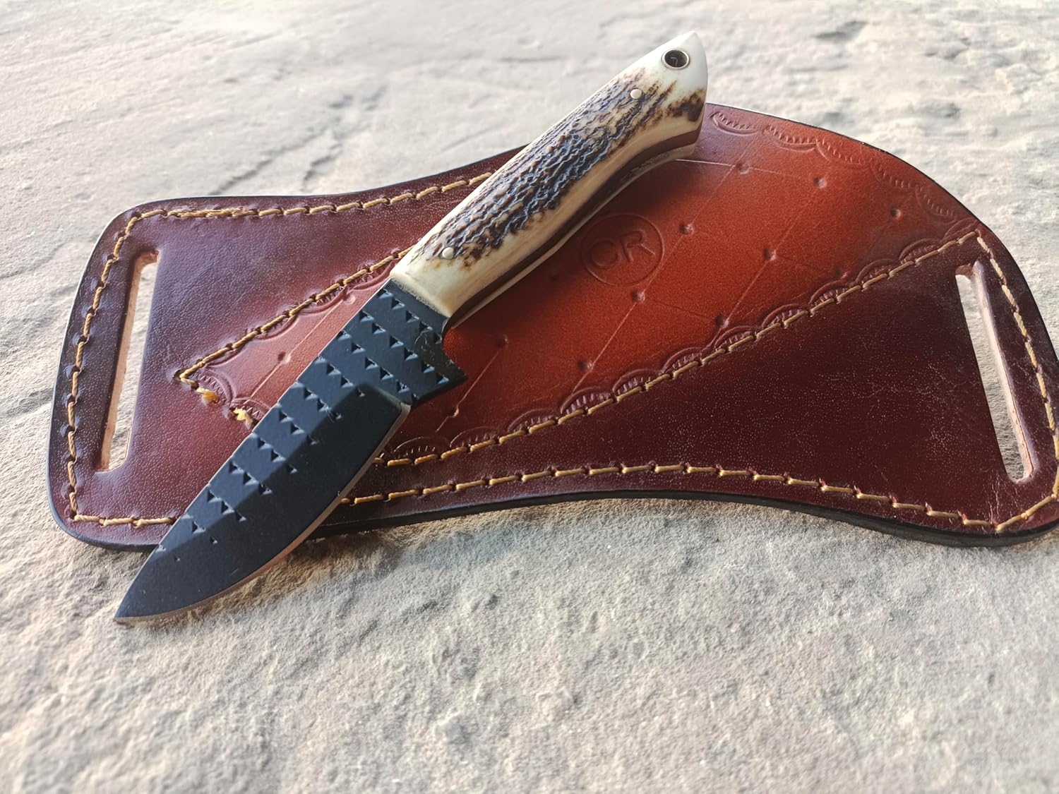CR 7" Handmade Fixed Blade Cowboy Skinner/Hunting knife with Leather Sheath, Polished Farrier Rasp Steel Razor Sharp Blade and Stag Handle for Hunting, Bushcrafting, Camping and Hiking, Fighting, Fishing, Defending, Sports outdoors,Kitchen.