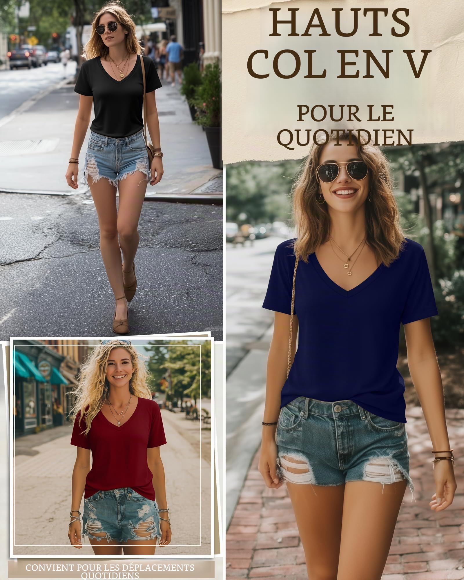 Riyiper Lot de 3 T-Shirts Femme Col V Manches Courtes Été Casual Tendance Coupe Ample Ourlet Droit Basiques