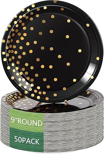 Birthdayparties Platos de papel de oro negro redondos desechables con puntos dorados de 9 pulgadas, platos de papel de aluminio con lunares para