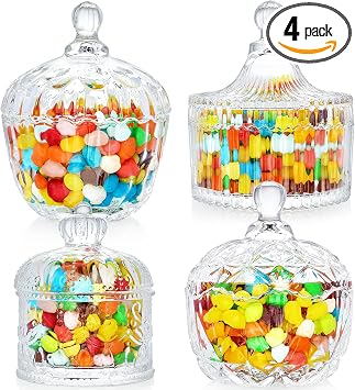 Glass Candy Dish with Lid Set of 4 Crystal Glass Candy Jar Jewelry Box Dappen Dish Cookie Jar for decorative storage gift idea 4pcs Clear...