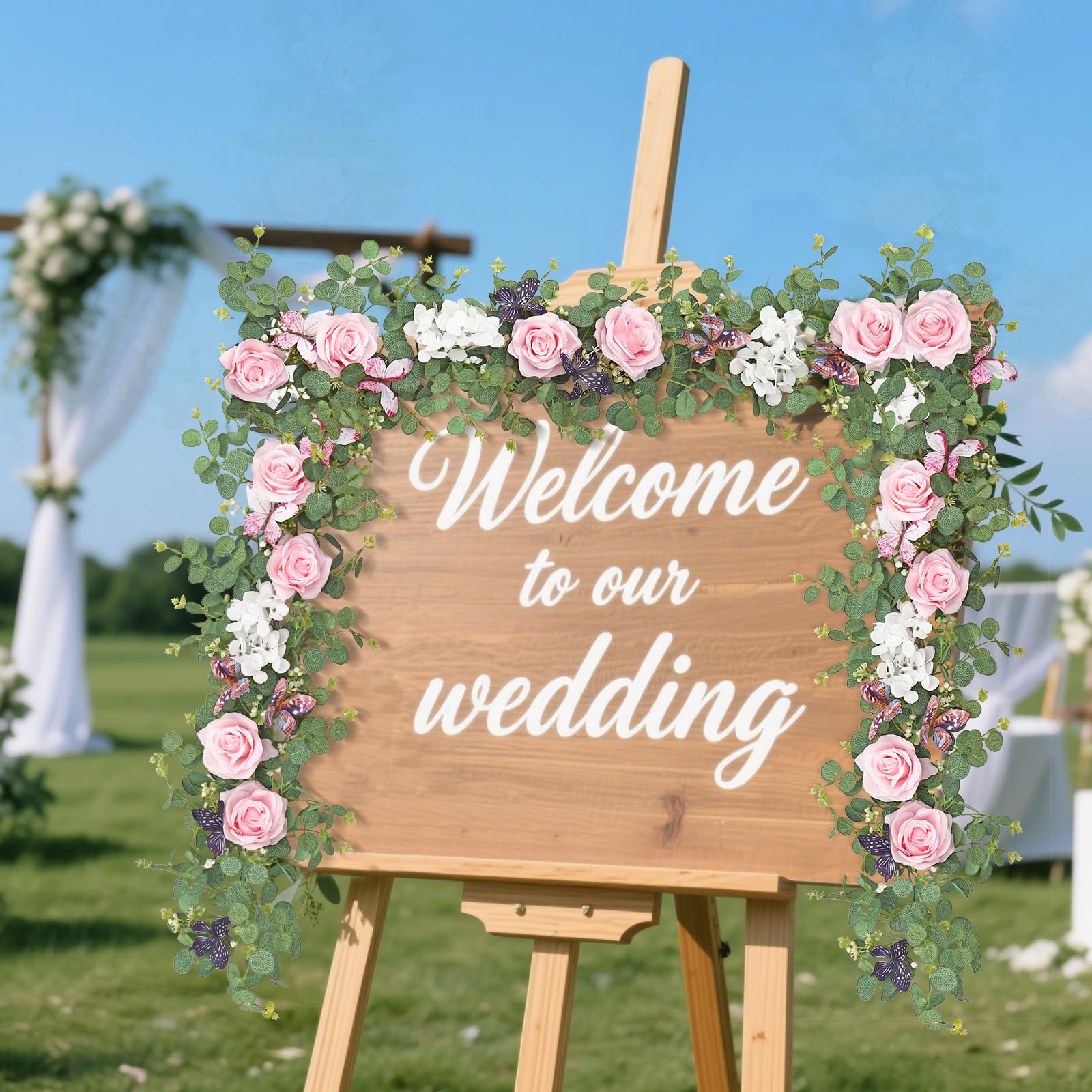 Künstliche Blumengirlande, Hortensien, Reben mit Schmetterlingen, hängende Blumen, grüne Eukalyptus-Girlande für Hochzeit, Zuhause, Party, Zimmer, Tischhintergrund, Dekoration, Rosa, 2 Stück