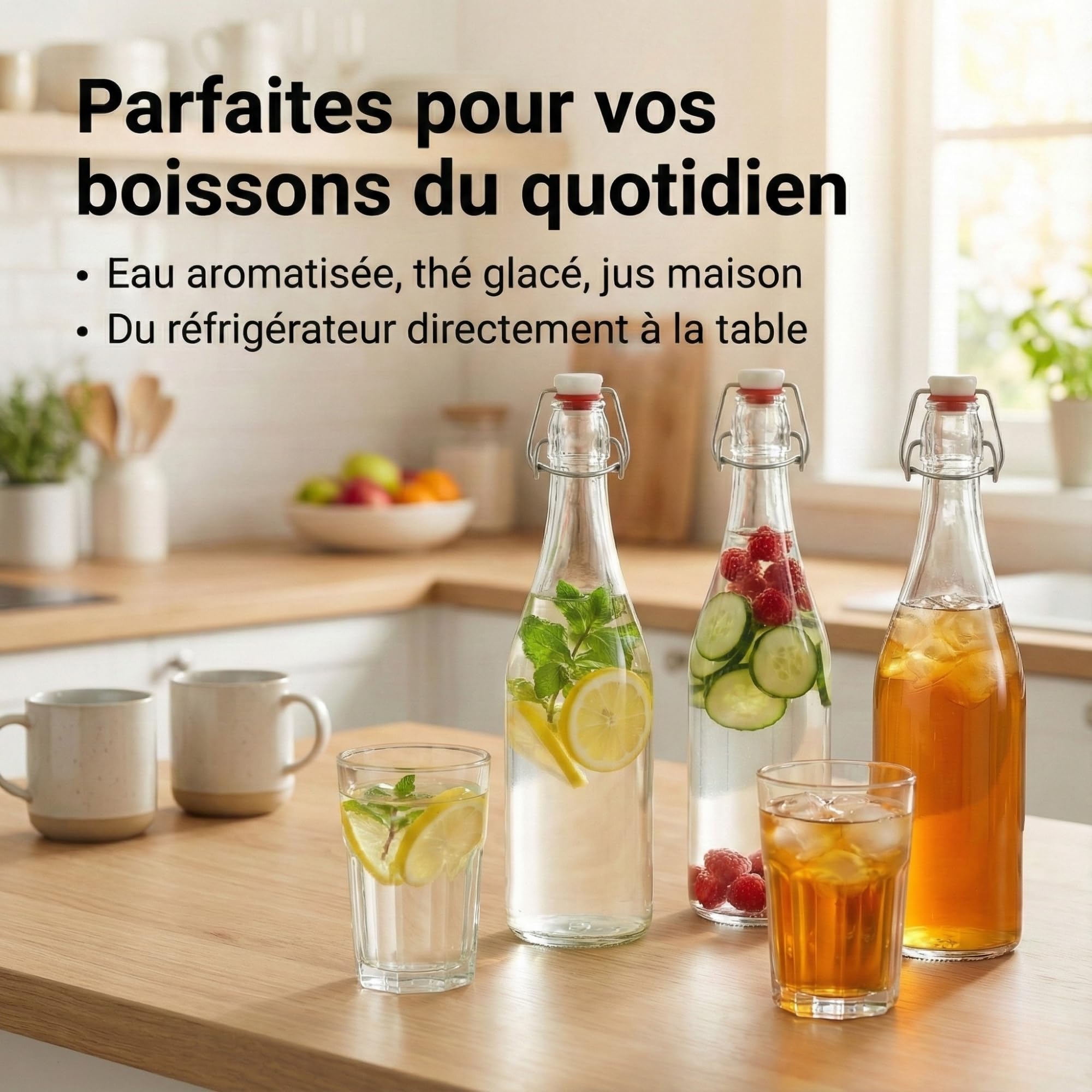 myFERMENTS Kit 6 Bouteilles 750ml en Verre Épais avec Bouchon Mécanique Hermétique | Set Complet Fermentation Bière Kombucha Kéfir Huile | Entonnoir 10cm, Tissu 50x50cm, Joint Porcelaine