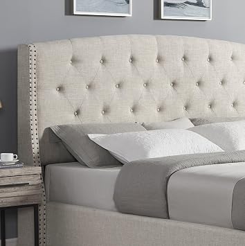 Queen Upholstered Wingback Bed Frame, Beige, Button Tufting