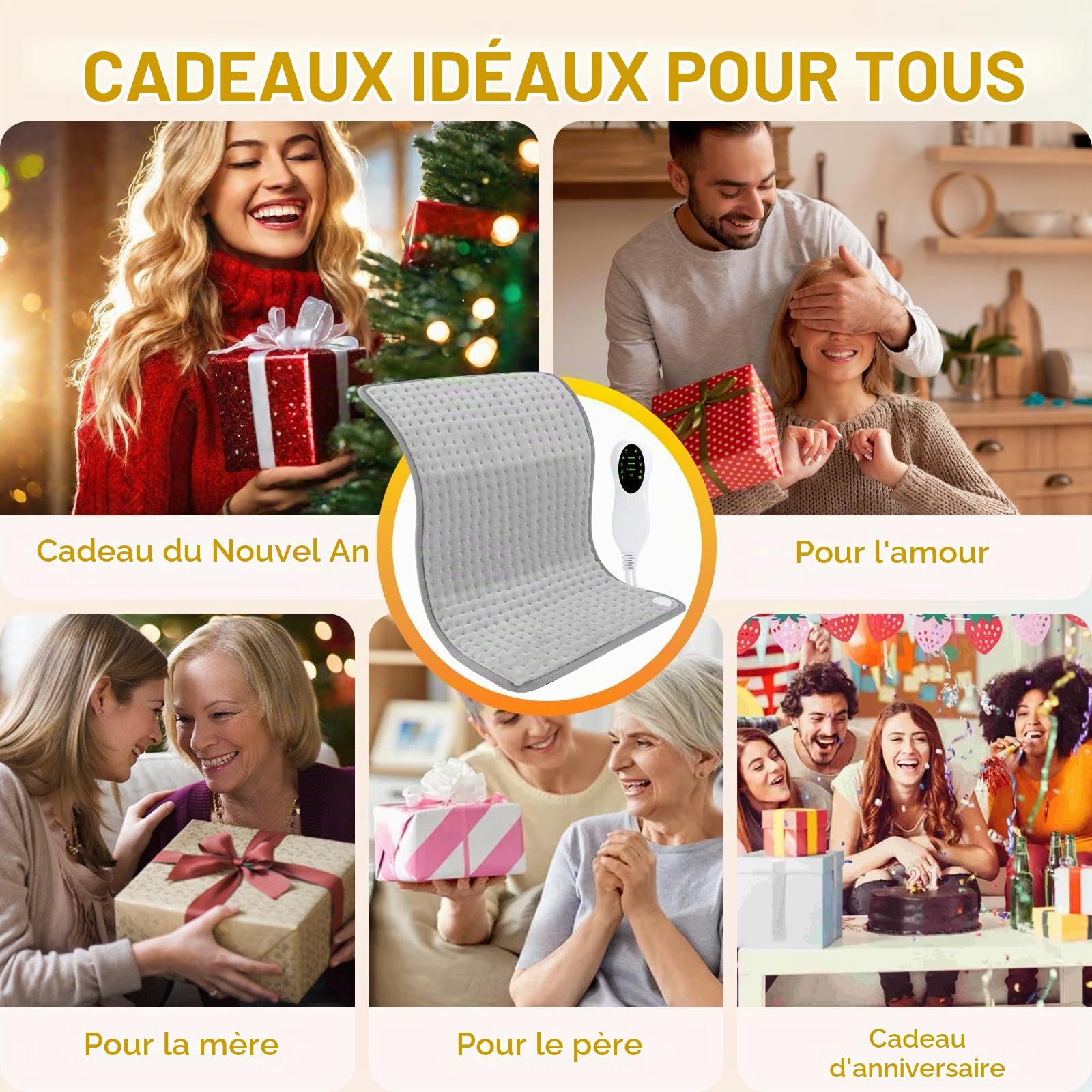 50 x 100 cm, Coussin Chauffante, Tapis Chauffant avec 3 fonctions de minuterie et 10 réglages de température pour le dos, la nuque, les épaules et le ventre, cadeau pour papa et maman