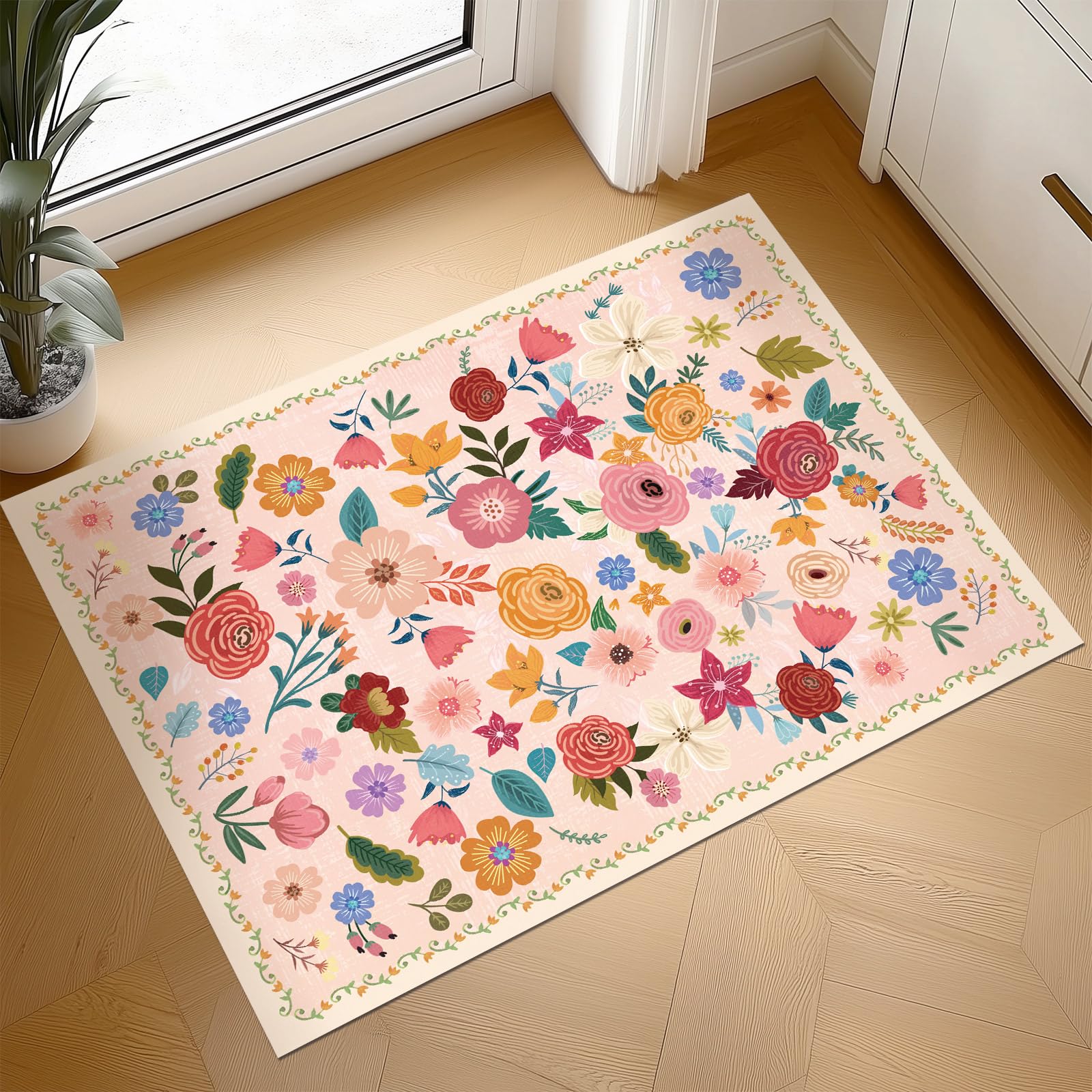 Washable Boho Entryway Rug 2' ×3' Small Rug Light Pink White Colorful Color Floral Door Mat Indoor Entrance Non-Slip Soft Oriental Vintage Carpet