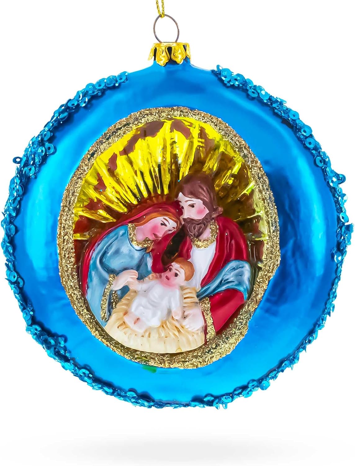 Serene Holy Family on Purple Disc Glass Christmas Ornament