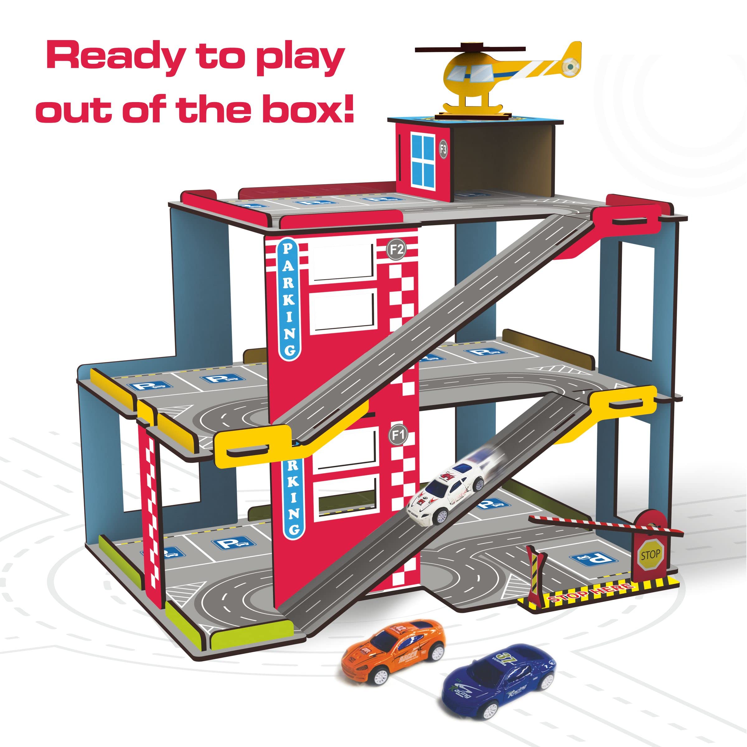 Webby Multilevel Parking Garage Playset with 3 Pullback Metal Cars, Parking Gate, Sign Boards and Helicopter for Boys and Girls - Image 8 thumbnail