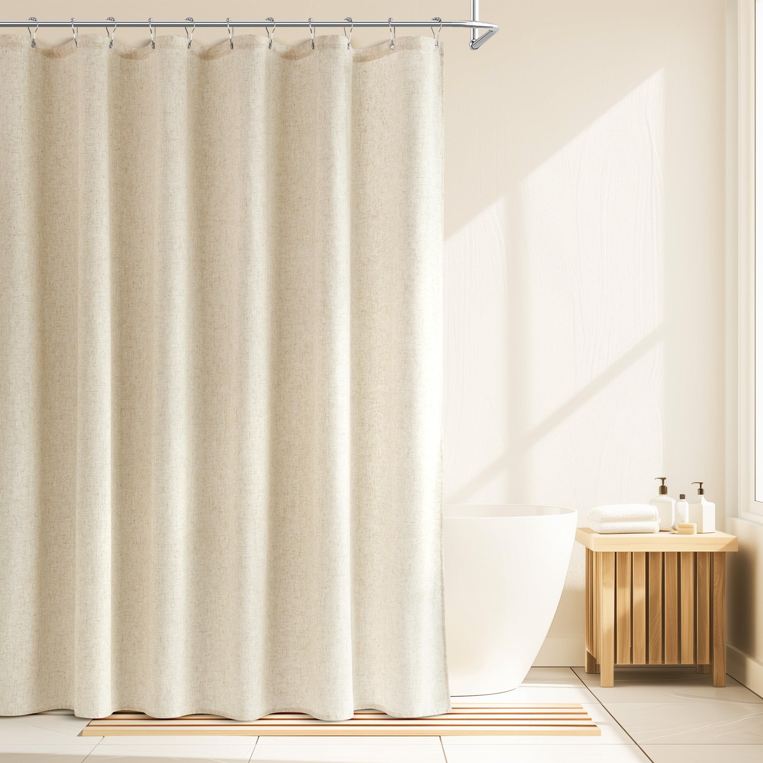Jowels Natural Linen Shower Curtain, Boho Farmhouse Shower Curtain Set for Bathroom, 200GSM Luxury Weighted Water Resistant Fabric Textured Shower