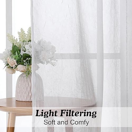 Miniatura 3 de OWENIE 2 paneles de cortinas traslúcidas blancas trituradas de 54 pulgadas de largo, cortinas de gasa con textura arrugada, filtrantes de luz,