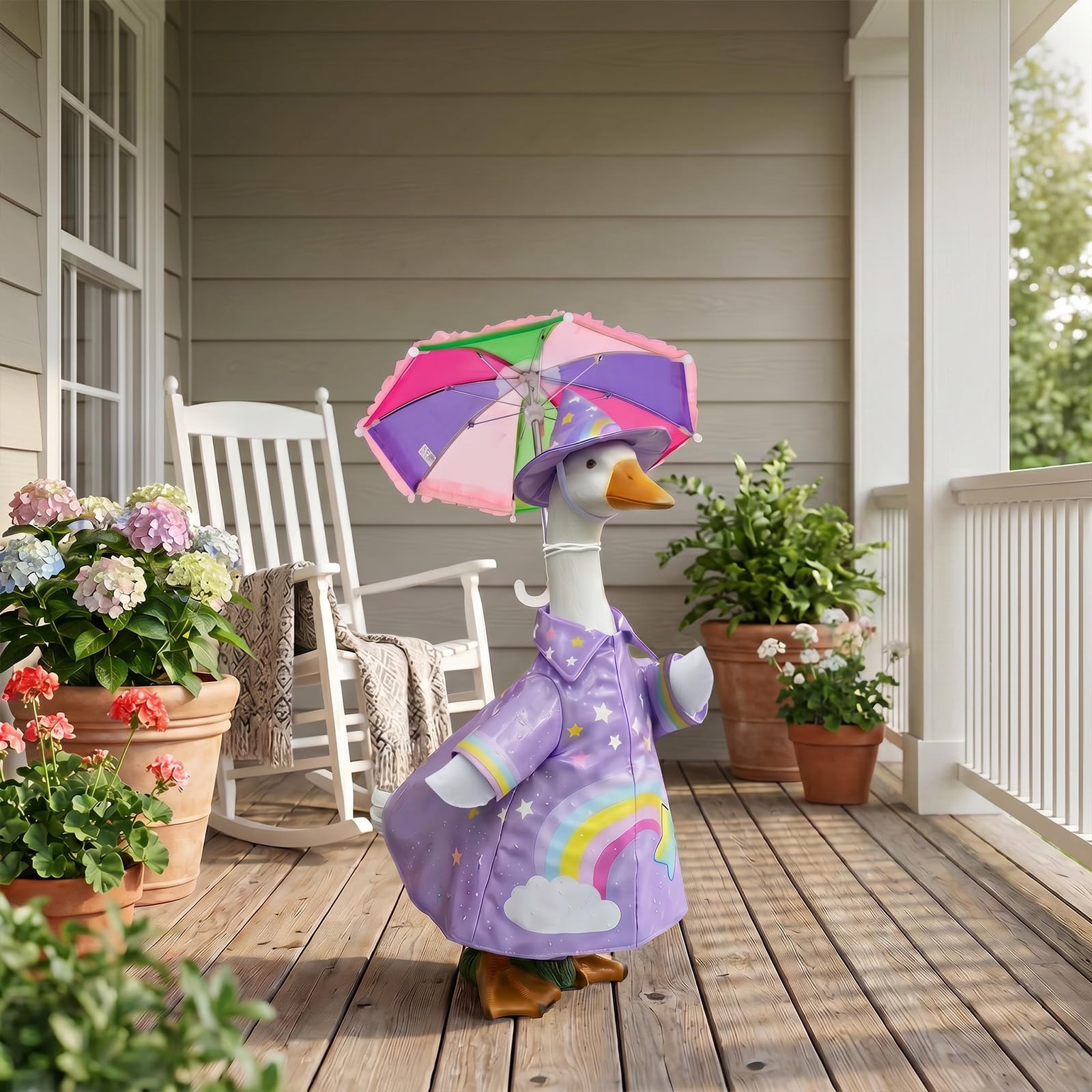 NZWBSHSSP 3 Pcs Porch Goose Outfits Raincoat Set - Summer Lawn Goose Clothes with Umbrella & Hat for 23" Concrete or Plastic Gooses Statue, Outside Yard Patio Garden Decor(Purple)