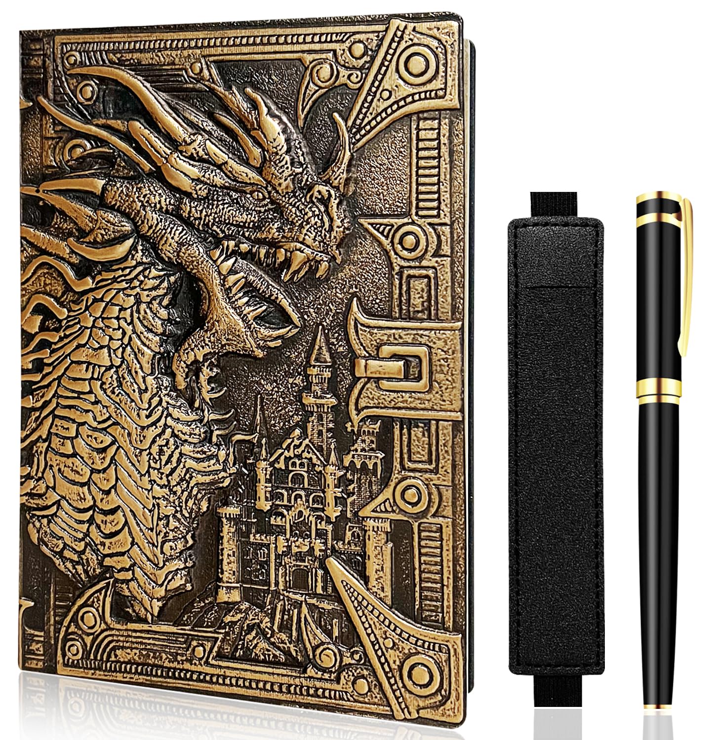 LISGO Vintage Dragon Embossed Leather Notebook DND Notebook Travel Journal with Ballpoint Pen and Pen Sleeve Antique Handmade A5 Journal,Hardcover Liner,Writing Notebook Gift for Men Women Bronze