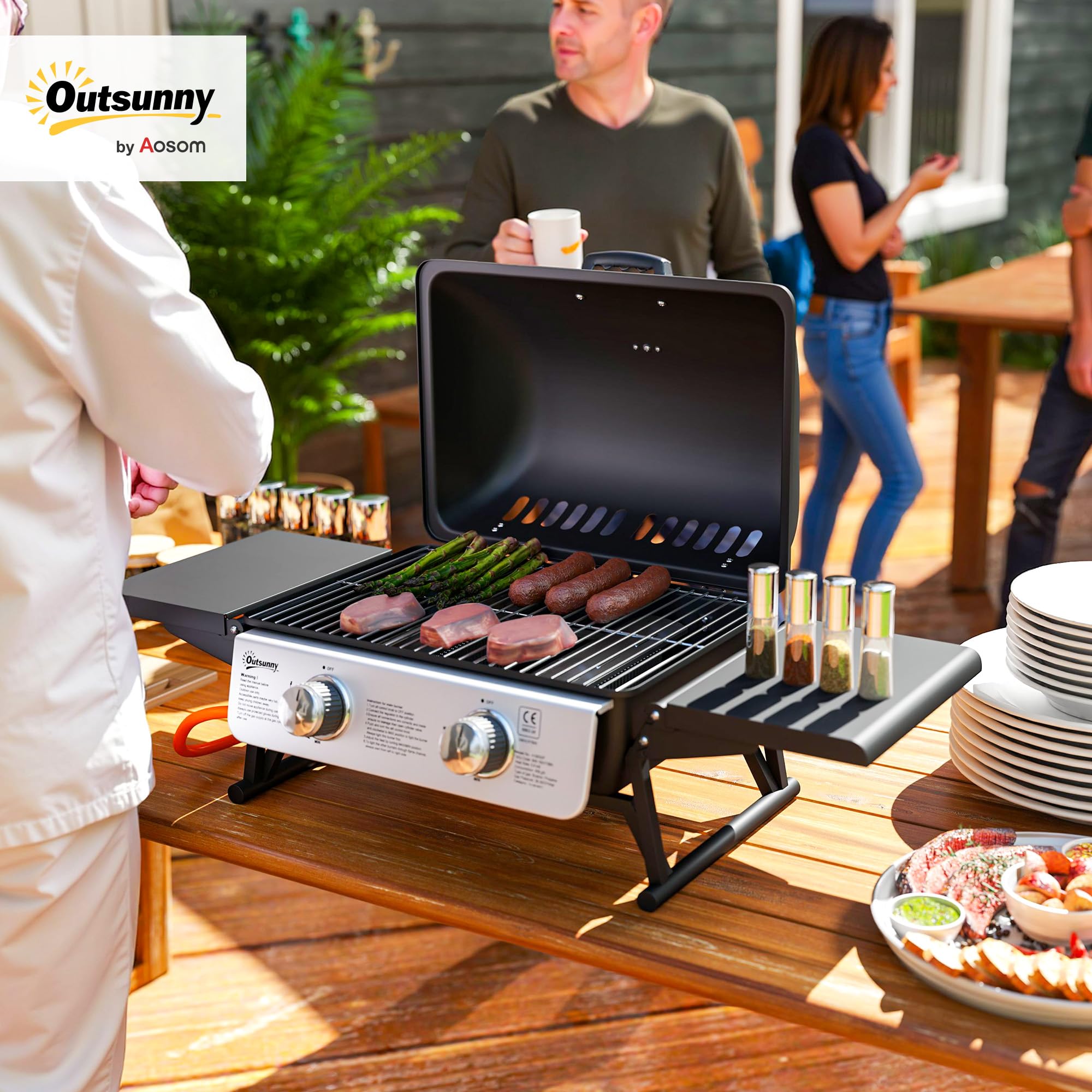 Outsunny Barbacoa de Gas con 2 Quemadores de Acero Inoxidable 5,6 KW Barbacoa Portátil con Mesas Laterales Plegables Bandeja Extraíble y Termómetro para Pícnic Camping 101x48x41 cm Negro
