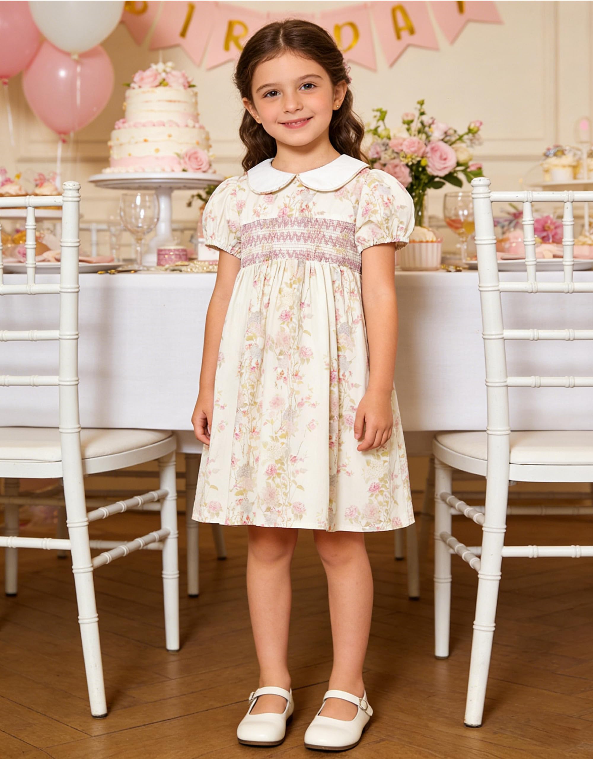 Miipat Kleider für Kleinkind Mädchen Blumenmuster Gerafftes Baumwolle Kleine Mädchen Sommerkleid Vintage Puffärmel Peter Pan Kragen Elegant Freizeitkleid für Kinder - 3