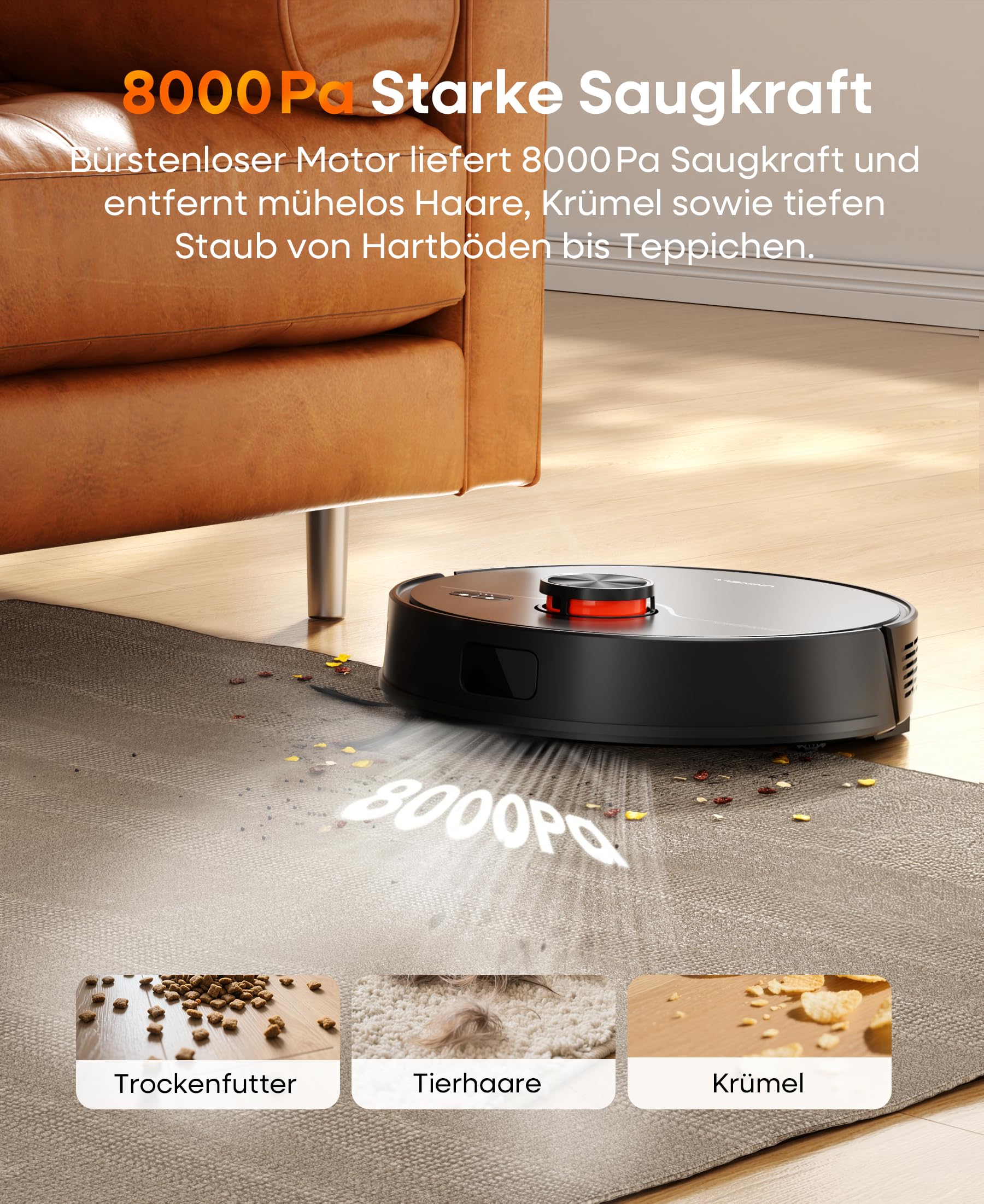 Saugroboter mit Wischfunktion 8000Pa, 200Min Laufzeit Staubsauger Roboter mit Absaugstation 3.5L,LiDAR Navigation, 4-in-1 Saug und Wischroboter für Teppich Tierhaare Böden, APP Steuerung