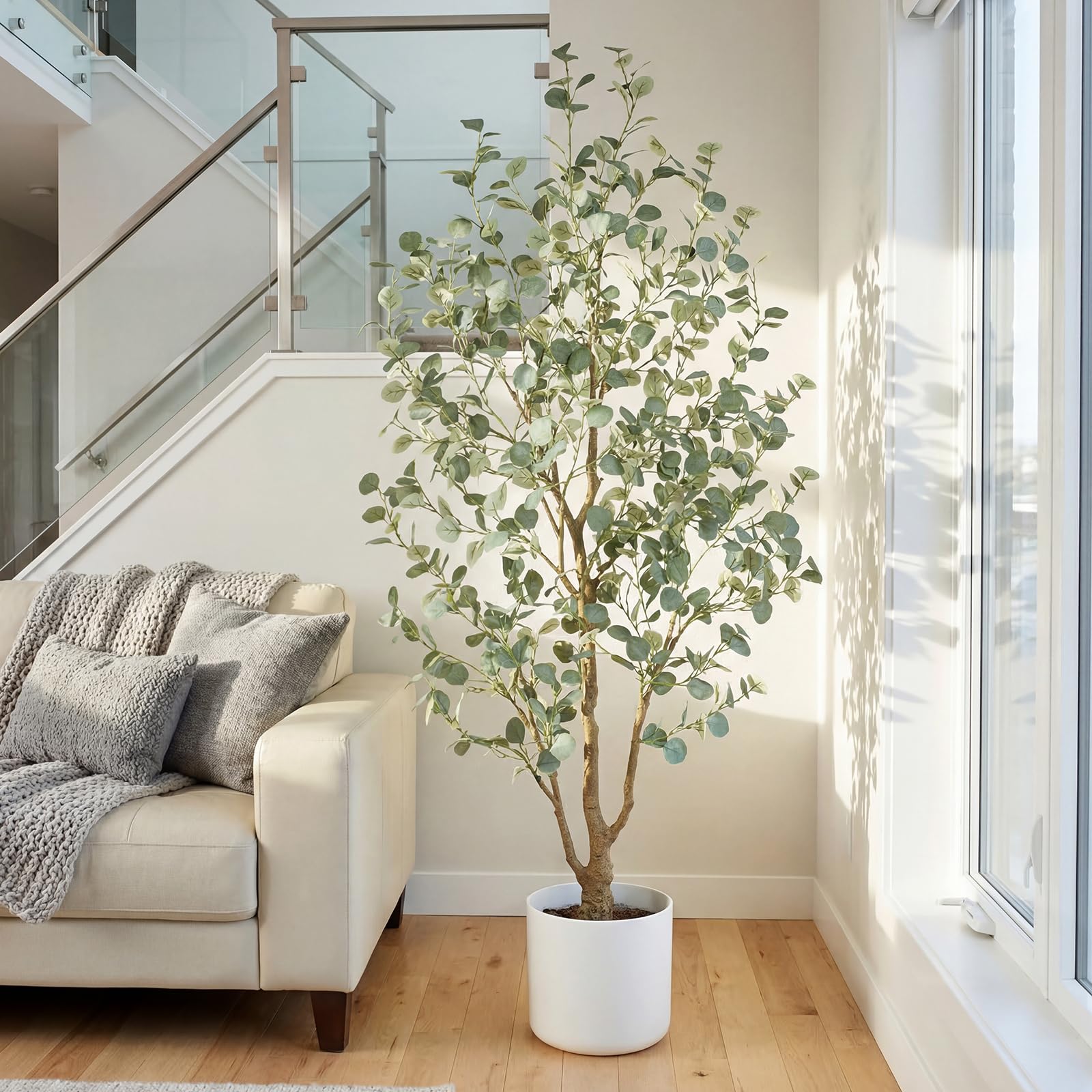 Eukalyptus Baum künstlich 180cm, künstliche Pflanzen groß mit 636 Seidenblättern, Große Kunstpflanzen Wie echt-Kunstpflanzen Indoor für Wohnzimmer, Büro oder Schlafzimmer