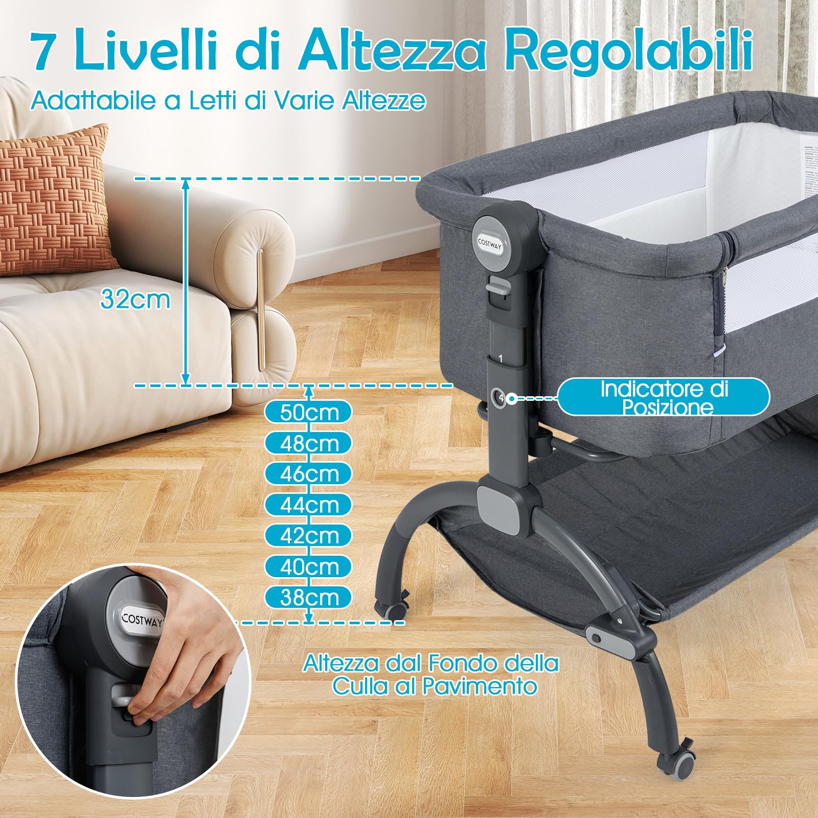 COSTWAY Culla Neonato, Culla Co-Sleeper Regolabile in Altezza a 7 Livelli, Ruote Bloccabili, Cesto Portaoggetti, Materasso e Baldacchino, Lettino Portatile e Pieghevole per Neonati 0-6 Mesi (Grigio)