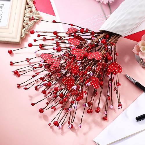 Miniatura 6 de 10 piezas de plantas artificiales de San Valentín, tallos de bayas y corazones, flores artificiales de 16 pulgadas, ramo de ramitas de corazón,