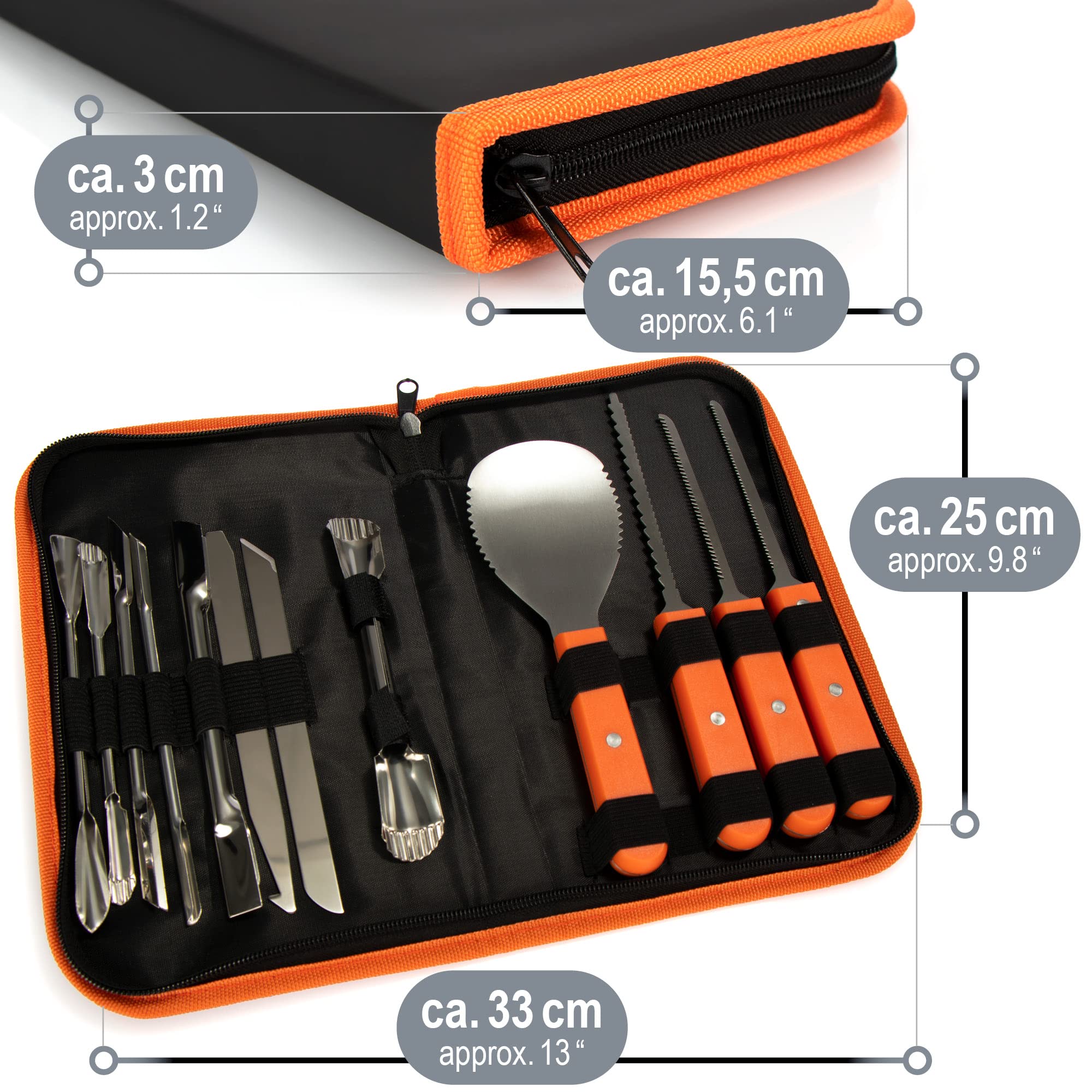 COM-FOUR® 12-czesciowy zestaw do rzezbienia w dyni - narzedzia tnace do wydrazania dyn - nóz, lyzka i akcesoria do rzezbienia w torbie Premium (Torba + 12 sztuk - pomaranczowa)