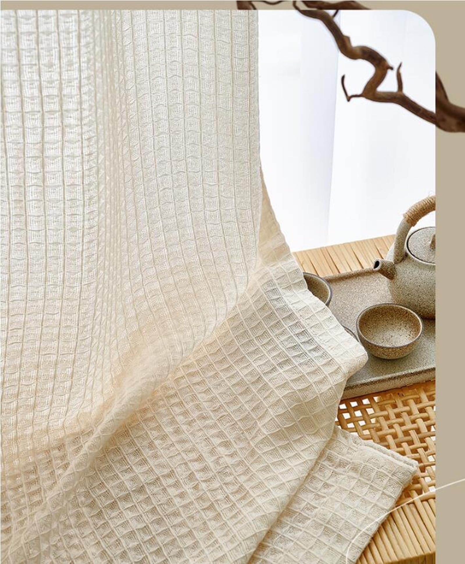 KnSam Rideaux Voilages Beige avec Oeillets, Rideau Texture Géométrique, 2 Panneaux, 280 x 215cm, Style A (1 Panneau: 140 x 215cm)