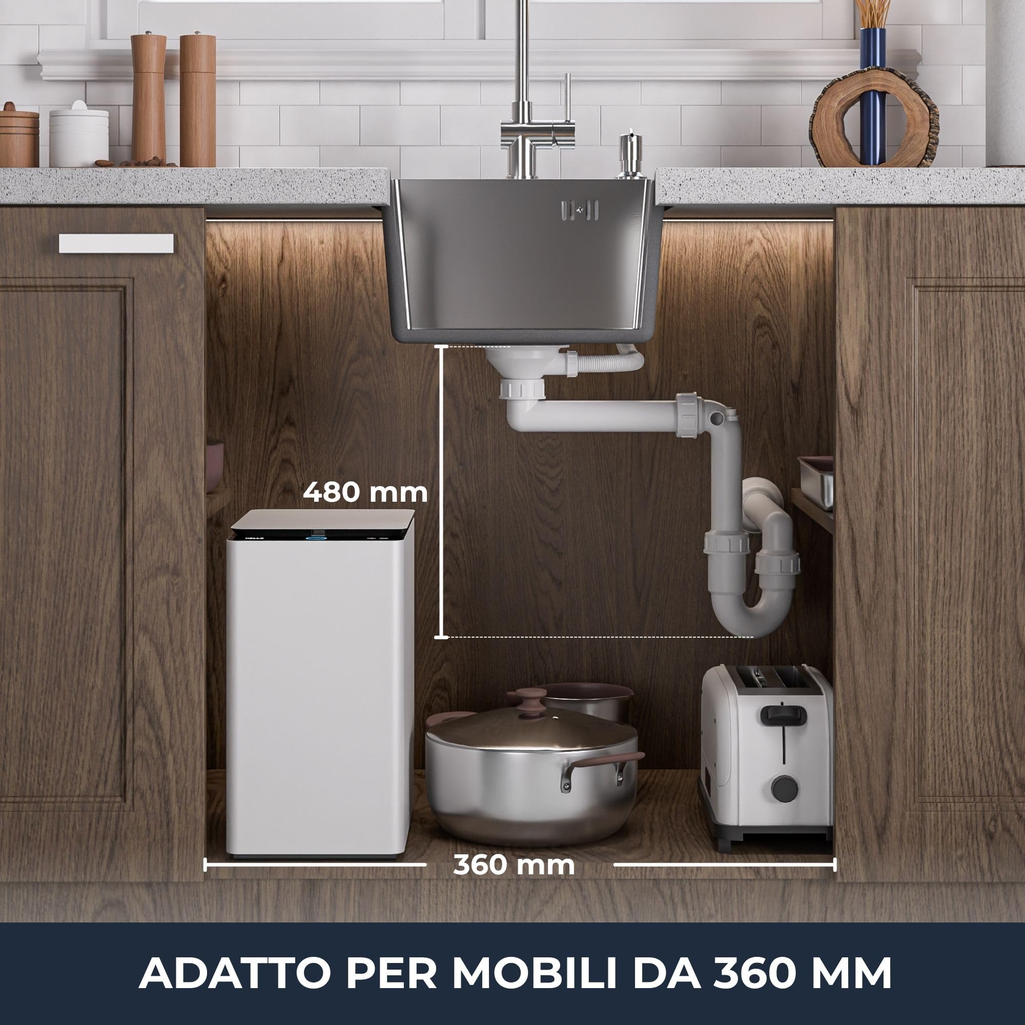 ANW HOME Lavello Cucina 1 Vasca 38x38 cm, Acciaio Inox 304 | Finitura Satinata, Spessore 2/0,7 mm, Profondità 20 cm, Con Sifone