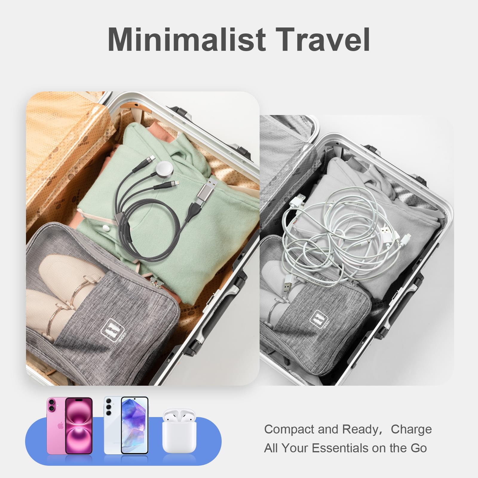 Travel Essentials - Paquete de 2 cables de carga multirápida de 2/6 pies para cargador de Apple Watch/iPhone, cable USB C 3 en 2 USB A/tipo C/Lightning compatible con iWatch Ultra/SE/10-1/iPhone 16-11