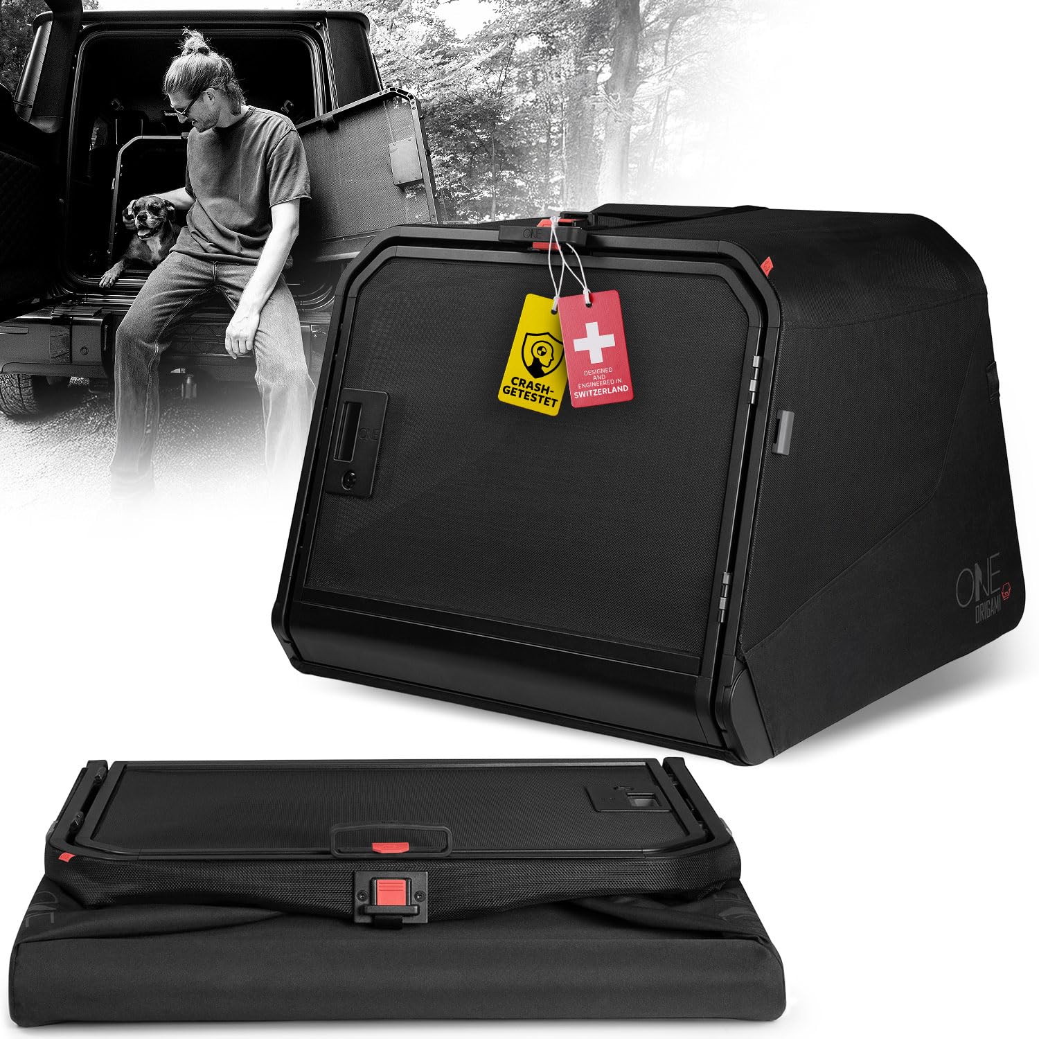 Hundetransportbox Auto Alu Size Large | Alu Hundebox Auto Kofferraum | Hundebox faltbar per Knopfdruck & Crash-getestet | Transportbox Hund aus Aluminium & Textil