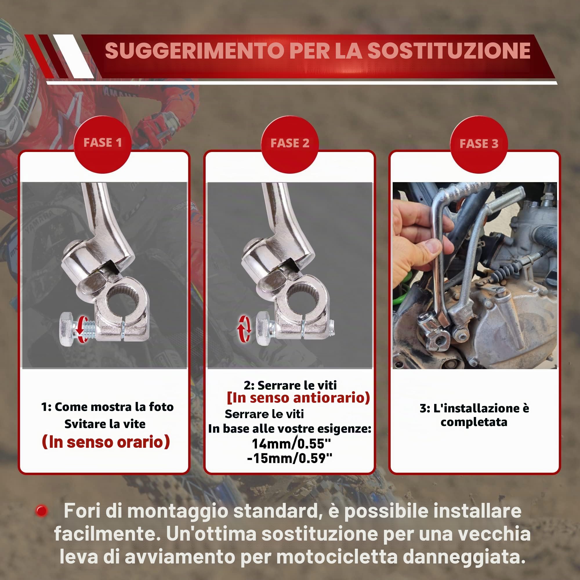 WOOSTAR Avviamento Pedale a Leva 15mm Regolabile Sostituzione per 50cc 70cc 90cc 110cc 125cc 150cc Pit Bike Dirt Bike Argento