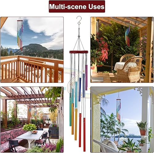 Miniatura 7 de Paquete de 2 carillones de viento para exteriores de madera, campanillas de viento conmemorativas con 12 tubos de aluminio y gancho, decoración de