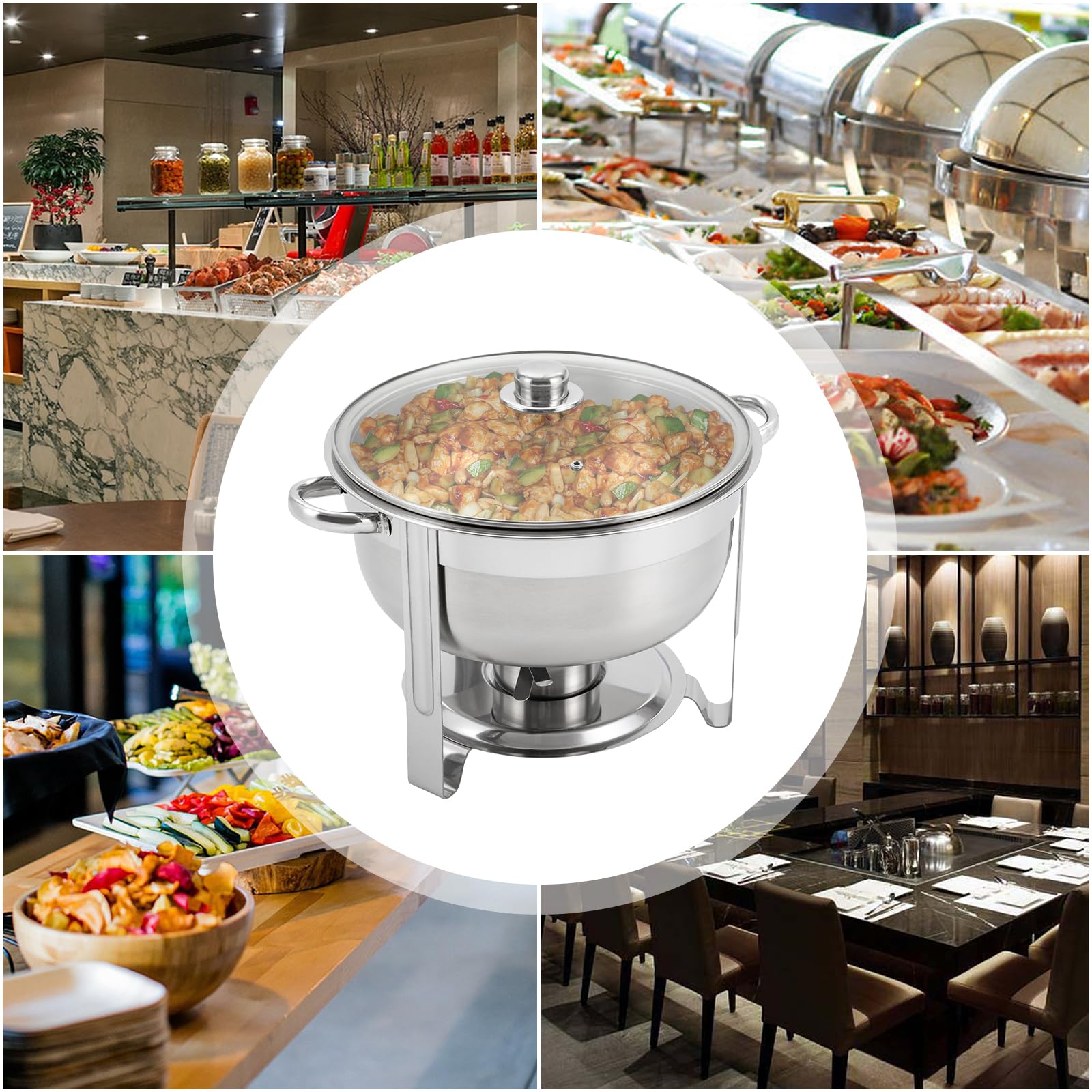 Set da buffet rotondo Chafing Dish in acciaio inox con padella e coperchio, contenitore termico per alimenti, per feste, cene, hotel e altre occasioni