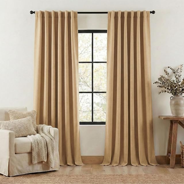 NICETOWN NICETOWN Thick Living Room Caramel Curtains 84 inches Long, Rod Pocket/Back Tab/Hook Belt Faux Linen Room Darkening Curtains Farmhouse Window Drapes for Bedroom, W52 x L84, 2 Panels