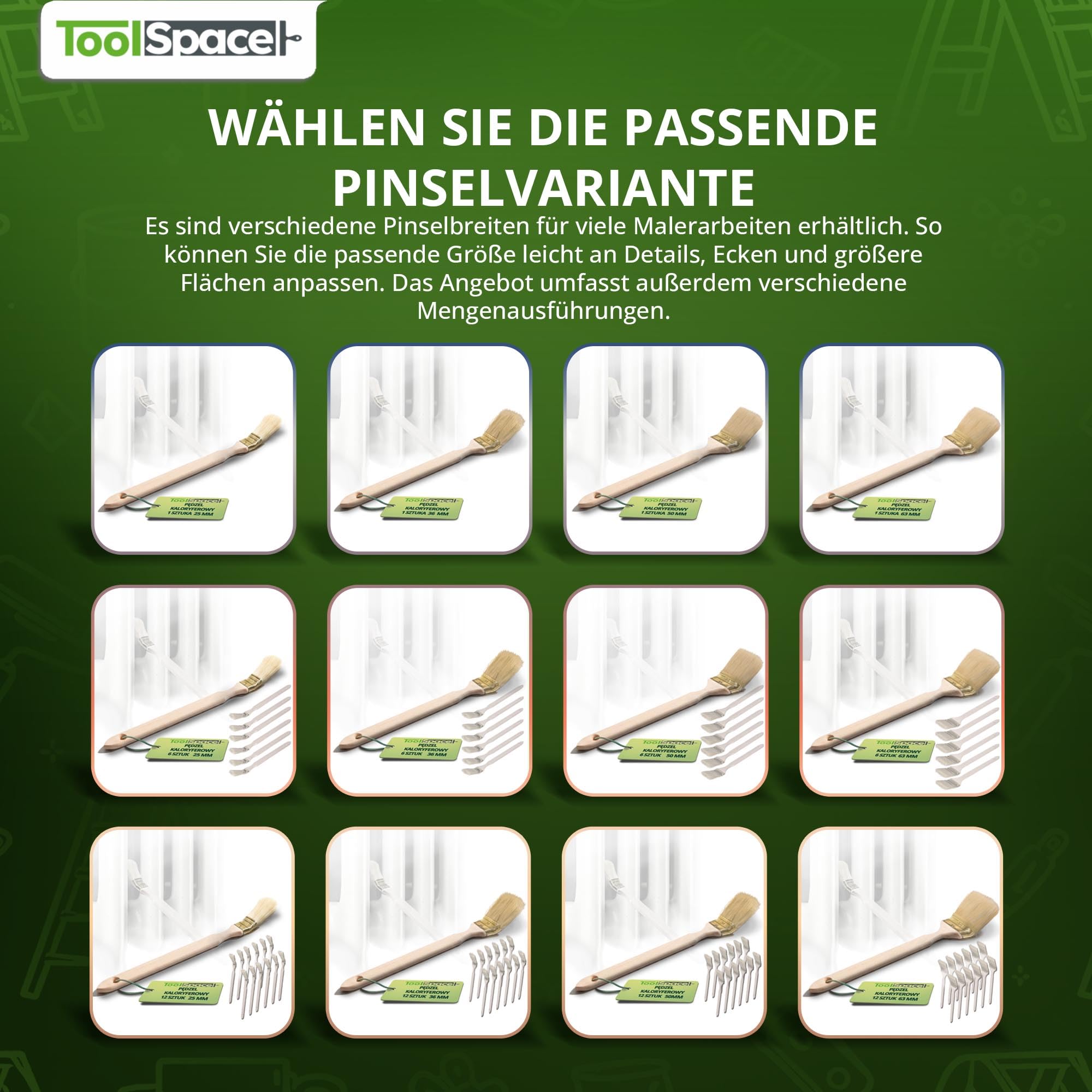 ToolSpace Pinceau à Calories courbé | Pinceau pour radiateur | Largeur 50 mm | Longueur Totale : 35 cm | Poils : Poils naturels denses| Manche : Bois de hêtre | 12 pièces