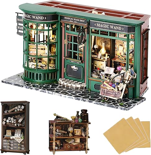 Roroom Kit de casa en miniatura, kit mágico de rincón de libro con luz LED, rompecabezas de madera 3D, kit de casa de muñecas en miniatura para