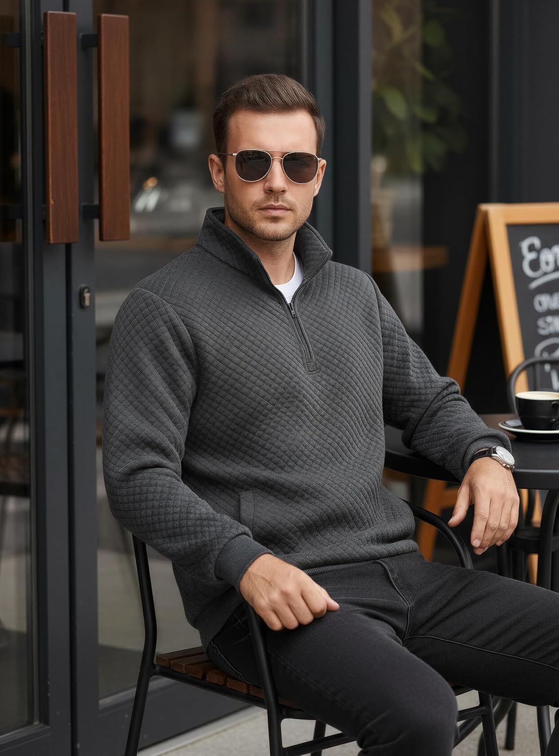 Vssjavun Mens Quarter Zip Pullover Quilted Sweatshirt Long Sleeve Casual Stand Collar Pullovers with Pockets - Image 4