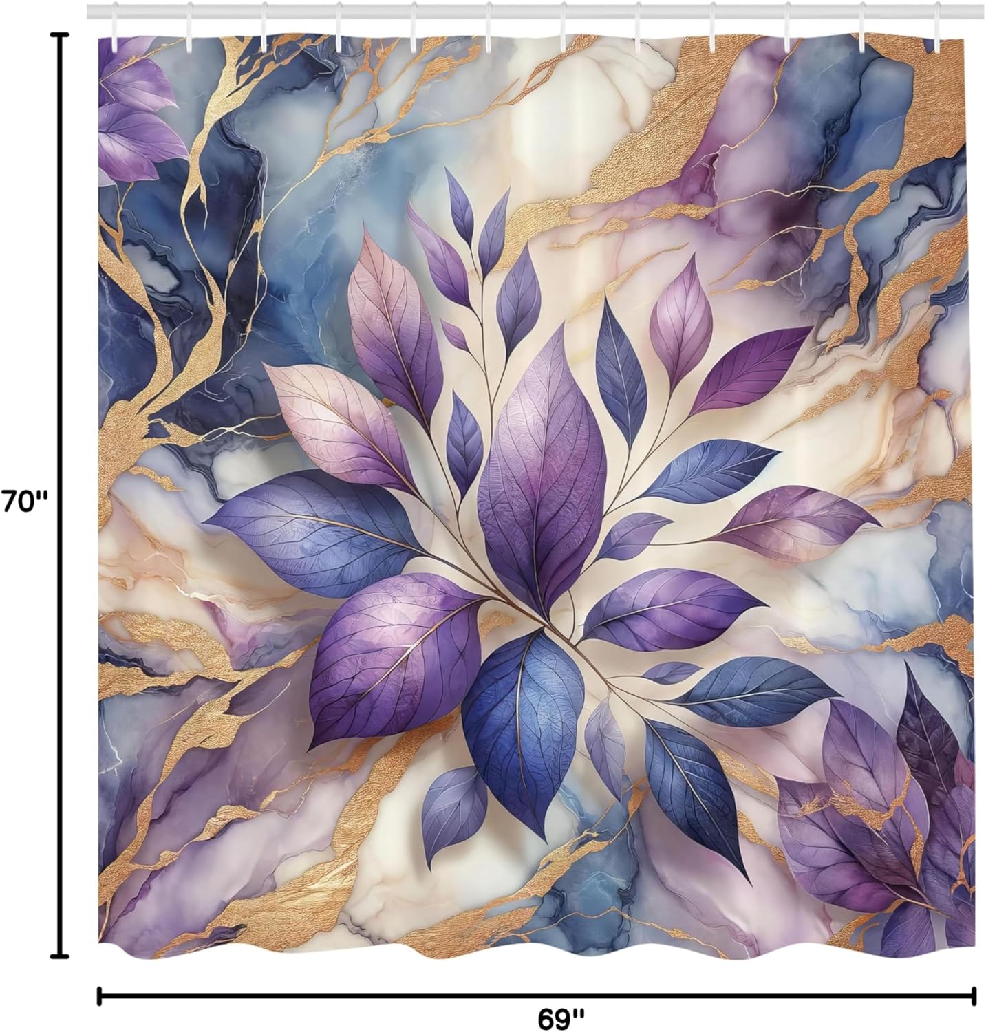 Ambesonne Purple Shower Curtain, Modern Marble Print Illustration Featuring Indigo Tone Leaves Dream, Cloth Fabric Bathroom Decor Set with Hooks, 69" W x 70" L, Lavender Pale Coffee Blue