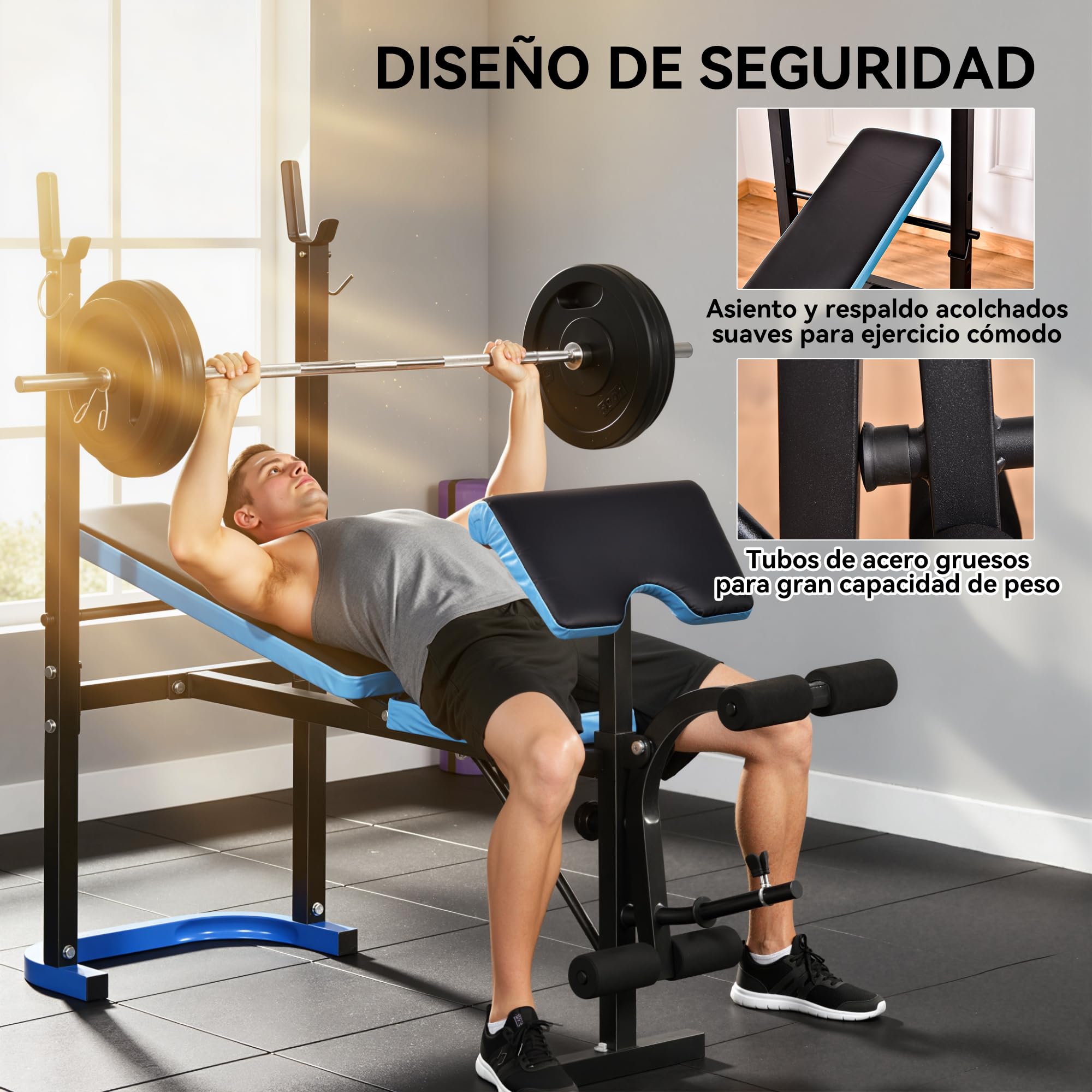HOMCOM Banco de Musculación Multifuncional Banco de Pesas Negro y Azul | Soporte para Barra, Respaldo Ajustable, Entrenamiento Completos de Cuerpo, Casa Gimnasio