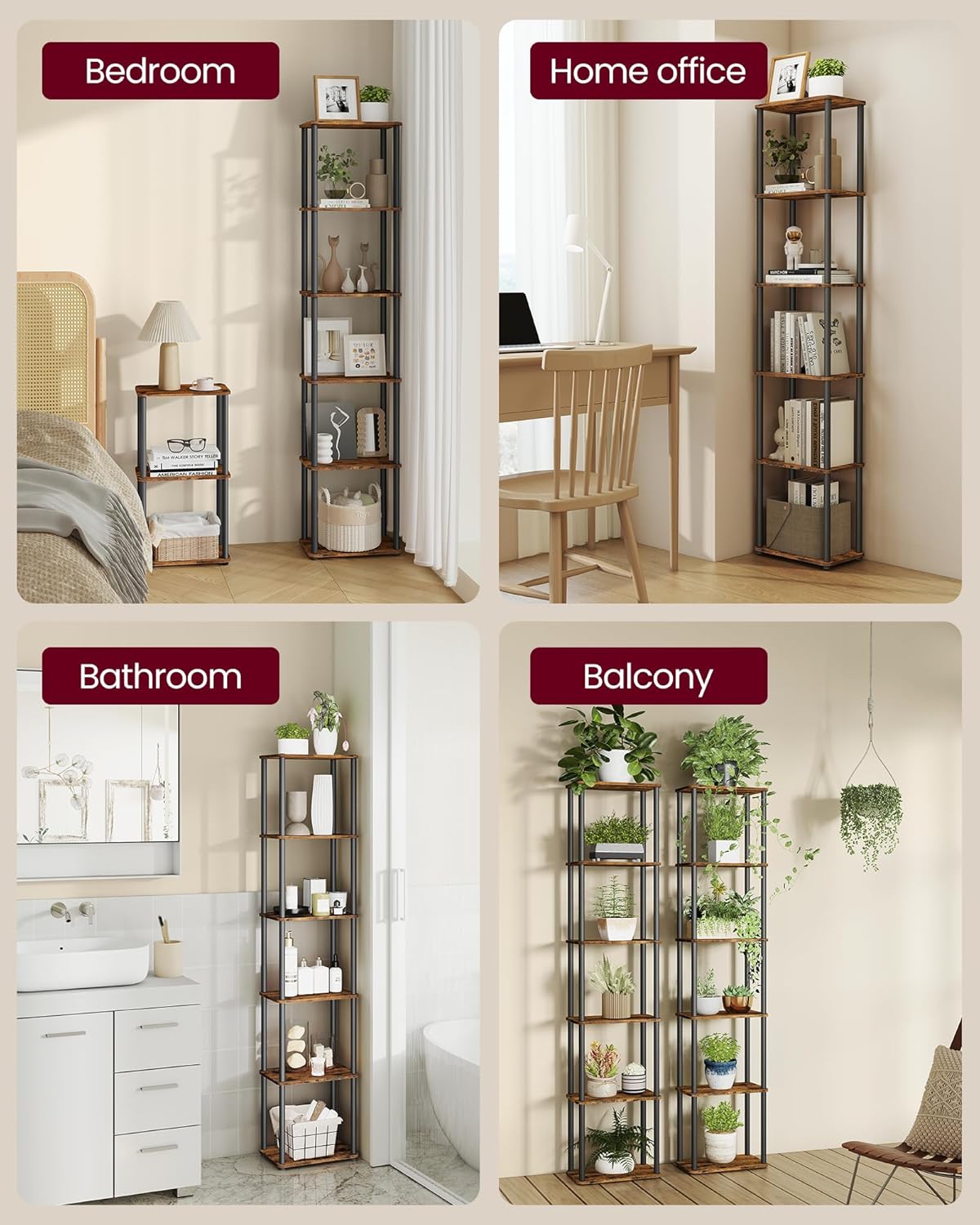 VASAGLE Superfast Toolless Assembly, 6-Tier Shelf for Living Room, Standing Shelf, Bookshelf, Bedroom, Kitchen, 9.4 x 15 x 68.3 Inches, Rustic Brown and Ink Black ULLS136K01