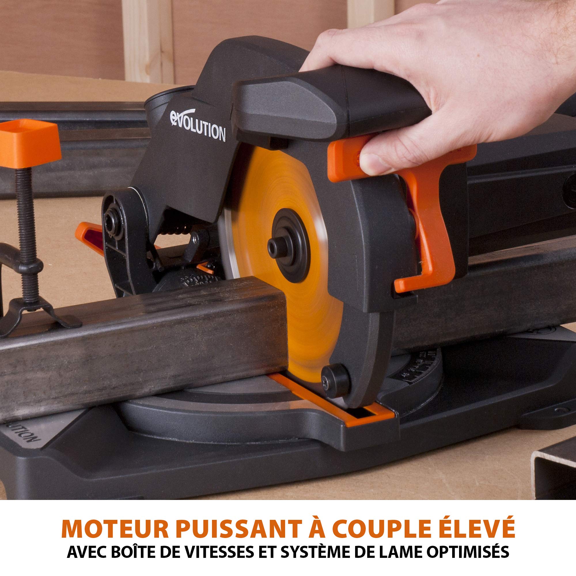 Evolution Power Tools Scie à Onglet Compacte 1200W 210mm Coupe Multi-Matériaux Lame TCT Incluse 45° Angle Onglet et Biseau R210CMS