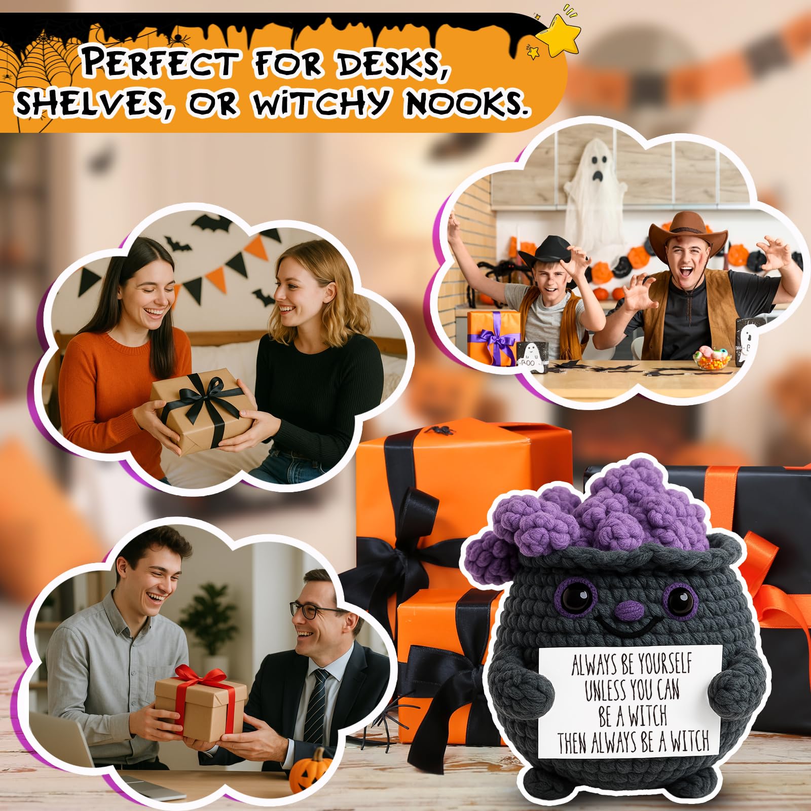 Cute Witch Cauldron Crochet Plush with Positive Affirmation Card - Unique Spooky Witchy Birthday Gifts for Women, Perfect Witchcore Halloween Boo Basket Stuffers - Seasonal Home & Office Decoration